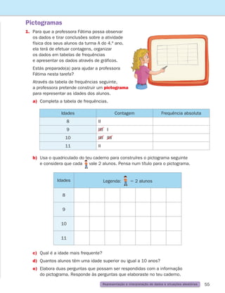 55
Pictogramas
Representação e interpretação de dados e situações aleatórias
1.	
Para que a professora Fátima possa observar
os dados e tirar conclusões sobre a atividade
física dos seus alunos da turma A do 4.º ano,
ela terá de efetuar contagens, organizar
os dados em tabelas de frequências
e apresentar os dados através de gráficos.
	
Estás preparado(a) para ajudar a professora
Fátima nesta tarefa?
	
Através da tabela de frequências seguinte,
a professora pretende construir um pictograma
para representar as idades dos alunos.
a) Completa a tabela de frequências.
Idades Contagem Frequência absoluta
8 II
9 IIII I
10 IIII IIII
11 II
Idades Legenda: 5 2 alunos
8
9
10
11
b)	
Usa o quadriculado do teu caderno para construíres o pictograma seguinte
e considera que cada vale 2 alunos. Pensa num título para o pictograma.
c)	
Qual é a idade mais frequente?
d)	
Quantos alunos têm uma idade superior ou igual a 10 anos?
e)	
Elabora duas perguntas que possam ser respondidas com a informação
do pictograma. Responde às perguntas que elaboraste no teu caderno.
261287 054-069.indd 55 30/05/14 17:52
 