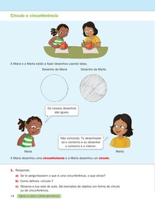 74 Figuras no plano e sólidos geométricos
1. Responde:
a)	Se te perguntassem o que é uma circunferência, o que dirias?
b) Como defines «círculo»?
c)	
Observa a tua sala de aula. Dá exemplos de objetos em forma de círculo
ou de circunferência.
Círculo e circunferência
A Maria e a Marta estão a fazer desenhos usando latas.
Desenho da Maria Desenho da Marta
Maria Marta
A Maria desenhou uma circunferência e a Marta desenhou um círculo.
Os nossos desenhos
são iguais.
Não concordo. Tu desenhaste
só o contorno e eu desenhei
o contorno e o interior.
261287 070-091.indd 74 30/05/14 17:53
 