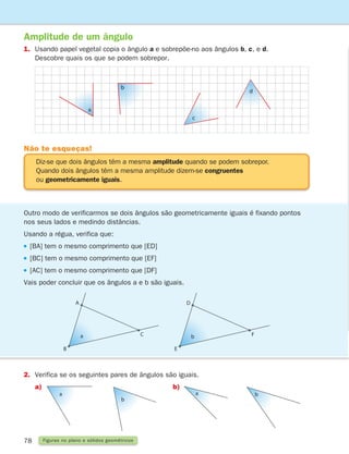 78 Figuras no plano e sólidos geométricos
Amplitude de um ângulo
1.	Usando papel vegetal copia o ângulo a e sobrepõe-no aos ângulos b, c, e d.
Descobre quais os que se podem sobrepor.
Diz-se que dois ângulos têm a mesma amplitude quando se podem sobrepor.
Quando dois ângulos têm a mesma amplitude dizem-se congruentes
ou geometricamente iguais.
Não te esqueças!
a
b
c
d
Outro modo de verificarmos se dois ângulos são geometricamente iguais é fixando pontos
nos seus lados e medindo distâncias.
Usando a régua, verifica que:
[BA] tem o mesmo comprimento que [ED]
[BC] tem o mesmo comprimento que [EF]
[AC] tem o mesmo comprimento que [DF]
Vais poder concluir que os ângulos a e b são iguais.
2.	
Verifica se os seguintes pares de ângulos são iguais.
a)		 b)
b
a
B
a C
A
E
b F
D
b
a
261287 070-091.indd 78 30/05/14 17:53
 