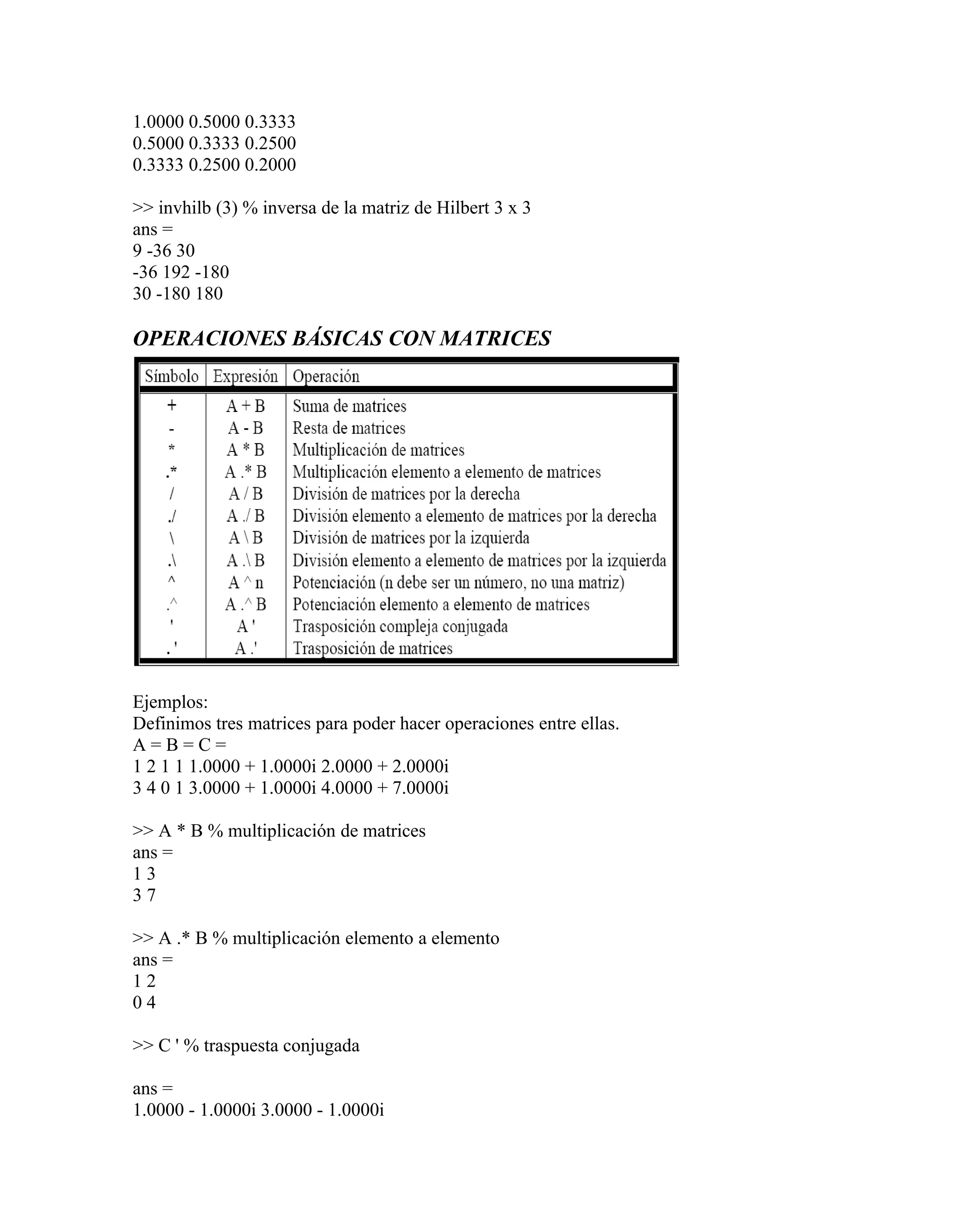 1.0000 0.5000 0.3333
0.5000 0.3333 0.2500
0.3333 0.2500 0.2000

>> invhilb (3) % inversa de la matriz de Hilbert 3 x 3
ans =
9 -36 30
-36 192 -180
30 -180 180

OPERACIONES BÁSICAS CON MATRICES




Ejemplos:
Definimos tres matrices para poder hacer operaciones entre ellas.
A=B=C=
1 2 1 1 1.0000 + 1.0000i 2.0000 + 2.0000i
3 4 0 1 3.0000 + 1.0000i 4.0000 + 7.0000i

>> A * B % multiplicación de matrices
ans =
13
37

>> A .* B % multiplicación elemento a elemento
ans =
12
04

>> C ' % traspuesta conjugada

ans =
1.0000 - 1.0000i 3.0000 - 1.0000i
 
