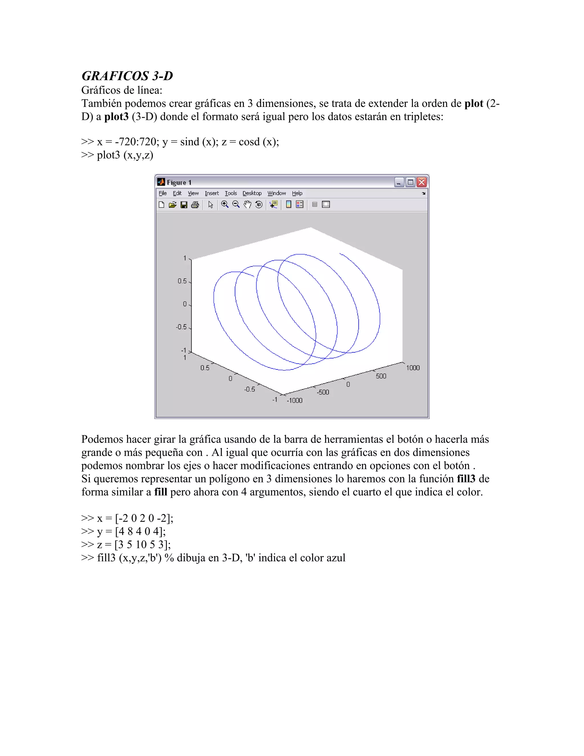 GRAFICOS 3-D
Gráficos de línea:
También podemos crear gráficas en 3 dimensiones, se trata de extender la orden de plot (2-
D) a plot3 (3-D) donde el formato será igual pero los datos estarán en tripletes:

>> x = -720:720; y = sind (x); z = cosd (x);
>> plot3 (x,y,z)




Podemos hacer girar la gráfica usando de la barra de herramientas el botón o hacerla más
grande o más pequeña con . Al igual que ocurría con las gráficas en dos dimensiones
podemos nombrar los ejes o hacer modificaciones entrando en opciones con el botón .
Si queremos representar un polígono en 3 dimensiones lo haremos con la función fill3 de
forma similar a fill pero ahora con 4 argumentos, siendo el cuarto el que indica el color.

>> x = [-2 0 2 0 -2];
>> y = [4 8 4 0 4];
>> z = [3 5 10 5 3];
>> fill3 (x,y,z,'b') % dibuja en 3-D, 'b' indica el color azul
 