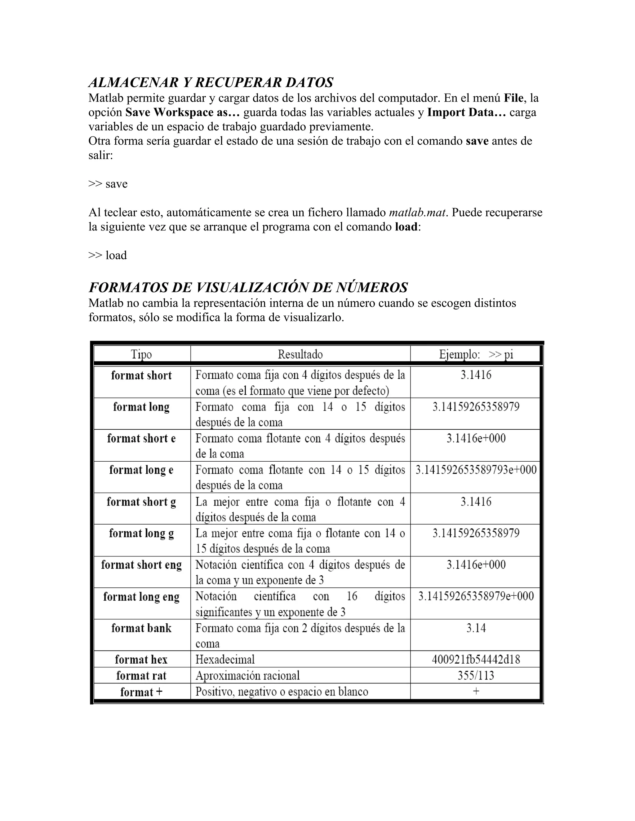 ALMACENAR Y RECUPERAR DATOS
Matlab permite guardar y cargar datos de los archivos del computador. En el menú File, la
opción Save Workspace as… guarda todas las variables actuales y Import Data… carga
variables de un espacio de trabajo guardado previamente.
Otra forma sería guardar el estado de una sesión de trabajo con el comando save antes de
salir:

>> save

Al teclear esto, automáticamente se crea un fichero llamado matlab.mat. Puede recuperarse
la siguiente vez que se arranque el programa con el comando load:

>> load

FORMATOS DE VISUALIZACIÓN DE NÚMEROS
Matlab no cambia la representación interna de un número cuando se escogen distintos
formatos, sólo se modifica la forma de visualizarlo.
 