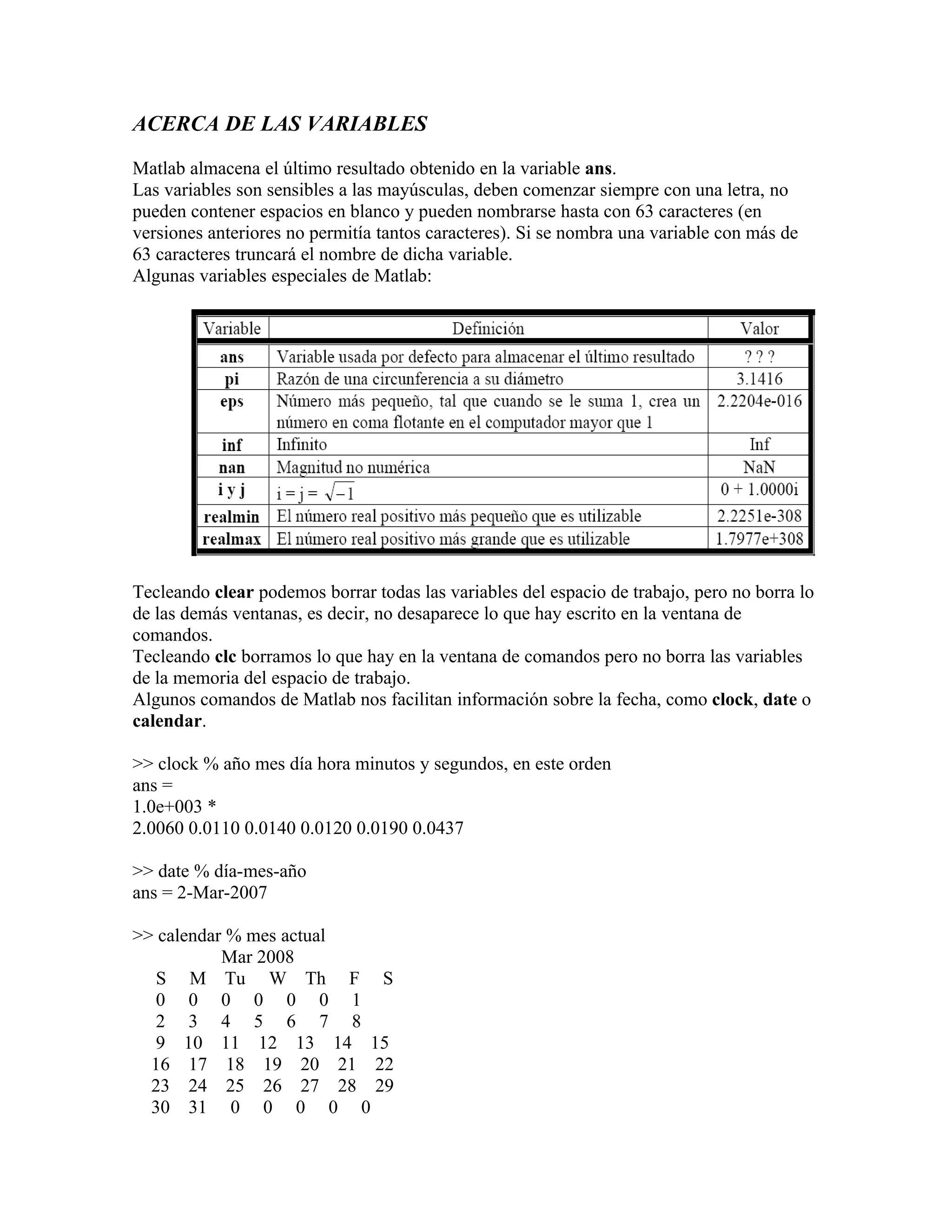 ACERCA DE LAS VARIABLES

Matlab almacena el último resultado obtenido en la variable ans.
Las variables son sensibles a las mayúsculas, deben comenzar siempre con una letra, no
pueden contener espacios en blanco y pueden nombrarse hasta con 63 caracteres (en
versiones anteriores no permitía tantos caracteres). Si se nombra una variable con más de
63 caracteres truncará el nombre de dicha variable.
Algunas variables especiales de Matlab:




Tecleando clear podemos borrar todas las variables del espacio de trabajo, pero no borra lo
de las demás ventanas, es decir, no desaparece lo que hay escrito en la ventana de
comandos.
Tecleando clc borramos lo que hay en la ventana de comandos pero no borra las variables
de la memoria del espacio de trabajo.
Algunos comandos de Matlab nos facilitan información sobre la fecha, como clock, date o
calendar.

>> clock % año mes día hora minutos y segundos, en este orden
ans =
1.0e+003 *
2.0060 0.0110 0.0140 0.0120 0.0190 0.0437

>> date % día-mes-año
ans = 2-Mar-2007

>> calendar % mes actual
           Mar 2008
   S M Tu W Th F S
   0 0 0 0 0 0 1
   2 3 4 5 6 7 8
   9 10 11 12 13 14 15
  16 17 18 19 20 21 22
  23 24 25 26 27 28 29
  30 31 0 0 0 0 0
 