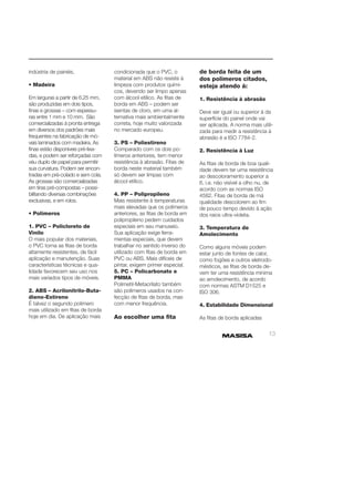 13 
indústria de painéis. 
• Madeira 
Em larguras a partir de 6.25 mm, 
são produzidas em dois tipos, 
fi nas e grossas – com espessu-ras 
entre 1 mm e 10 mm. São 
comercializadas á pronta entrega 
em diversos dos padrões mais 
frequentes na fabricação de mó-veis 
laminados com madeira. As 
fi nas estão disponíveis pré-lixa-das, 
e podem ser reforçadas com 
véu duplo de papel para permitir 
sua curvatura. Podem ser encon-tradas 
em pré-colado e sem cola. 
As grossas são comercializadas 
em tiras pré-compostas – possi-bilitando 
diversas combinações 
exclusivas, e em rolos. 
• Polímeros 
1. PVC – Policloreto de 
Vinilo 
O mais popular dos materiais, 
o PVC torna as fi tas de borda 
altamente resistentes, de fácil 
aplicação e manutenção. Suas 
características técnicas e qua-lidade 
favorecem seu uso nos 
mais variados tipos de móveis. 
2. ABS – Acrilonitrilo-Buta-dieno- 
Estireno 
É talvez o segundo polímero 
mais utilizado em fi tas de borda 
hoje em dia. De aplicação mais 
condicionada que o PVC, o 
material em ABS não resiste à 
limpeza com produtos quími-cos, 
devendo ser limpo apenas 
com álcool etílico. As fi tas de 
borda em ABS – podem ser 
isentas de cloro, em uma al-ternativa 
mais ambientalmente 
correta, hoje muito valorizada 
no mercado europeu. 
3. PS – Poliestireno 
Comparado com os dois po-límeros 
anteriores, tem menor 
resistência à abrasão. Fitas de 
borda neste material também 
só devem ser limpas com 
álcool etílico. 
4. PP – Polipropileno 
Mais resistente à temperaturas 
mais elevadas que os polímeros 
anteriores, as fi tas de borda em 
polipropileno pedem cuidados 
especiais em seu manuseio. 
Sua aplicação exige ferra-mentas 
especiais, que devem 
trabalhar no sentido inverso do 
utilizado com fi tas de borda em 
PVC ou ABS. Mais difíceis de 
pintar, exigem primer especial. 
5. PC – Policarbonato e 
PMMA 
Polimetil-Metacrilato também 
são polímeros usados na con-fecção 
de fi tas de borda, mas 
com menor frequência. 
Ao escolher uma fi ta 
de borda feita de um 
dos polímeros citados, 
esteja atendo á: 
1. Resistência à abrasão 
Deve ser igual ou superior à da 
superfície do painel onde vai 
ser aplicada. A norma mais utili-zada 
para medir a resistência à 
abrasão é a ISO 7784-2. 
2. Resistência à Luz 
As fi tas de borda de boa quali-dade 
devem ter uma resistência 
ao descoloramento superior a 
6, i.e. não visível a olho nu, de 
acordo com as normas ISO 
4582. Fitas de borda de má 
qualidade descolorem ao fi m 
de pouco tempo devido à ação 
dos raios ultra-violeta. 
3. Temperatura de 
Amolecimento 
Como alguns móveis podem 
estar junto de fontes de calor, 
como fogões e outros eletrodo-mésticos, 
as fi tas de borda de-vem 
ter uma resistência mínima 
ao amolecimento, de acordo 
com normas ASTM D1525 e 
ISO 306. 
4. Estabilidade Dimensional 
As fi tas de borda aplicadas 
 