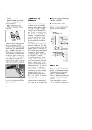 • Em aço 
• Bordas arredondadas para 
facilitar o uso da broca de 14 
mm de diâmetro 
• Ângulo de abertura180° 
• Utilizável no lado direito ou 
esquerdo 
3) Articuladores especiais para 
portas horizontais tipo Lift 
Completa funcionalidade e segu-rança. 
18 
Mola com alta resistência 
para sustentar o peso da porta. 
Assegura uma articulação suave 
e fechamento com resistências 
excelentes. O ângulo de abertu-ra 
de 75° a 90° mantém a porta 
com abertura sufi ciente para o 
livre acesso ao interior do móvel. 
Aplicável na linha de furação 32. 
Peso máximo da porta: 4,6 kg. 
Aço niquelado. 
Dispositivos de 
montagem 
Uma observação muito impor-tante 
no que diz respeito ao 
uso dos mais modernos dispo-sitivos 
de montagem criados 
para MDF, trata-se do fato de 
que “para um resultado satisfa-tório 
quando da aplicação des-ses 
itens, é fundamental que 
os componentes dos móveis 
tenham um corte de qualida-de 
(acabamento,dimensão e 
esquadro)”. 
Dispositivos de montagem são 
acessórios utilizados para unir 
os componentes do móvel. Seu 
objetivo além de construir o mó-vel 
é também estruturar, permitir 
montagem e desmontagem e 
facilitar o transporte até o local 
da montagem no cliente. 
Para aplicação em painéis de 
MDF, grande parte dos dispo-sitivos 
disponíveis no mercado 
utilizam o princípio de “carne” 
em seu funcionamento.A esco-lha 
do dispositivo a ser utilizado 
considerando-se a questão 
técnica leva em consideração 
a espessura da chapa (alguns 
dispositivos só podem ser 
aplicados em chapas acima 
de 15 mm). Outros fatores que 
infl uenciam são: 
• Material com o qual é produ-zido 
(plástico, Zamak, aço, etc). 
• Tipo de usinagem necessária 
para sua instalação. 
• Disponibilidade e custo. 
Veja os principais dispositivos 
encontrados no mercado: 
Rastex 15 
Todas as versões do Sistema 
Rastex 15 apresentam grande 
resistência, segurança e alto 
poder de tracionamento. 
Dupla de segurança proporcio-nada 
por entalhes internos e 
externos. 
O parafuso é fi xado central-mente, 
evitando deslocamento 
 