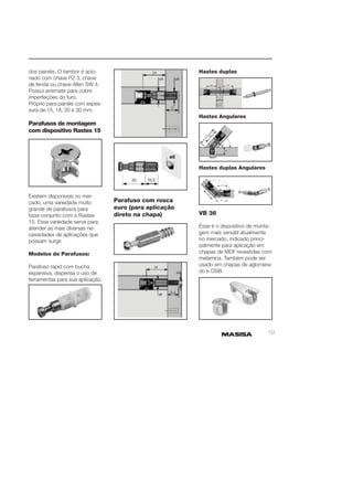 19 
dos painéis. O tambor é acio-nado 
com chave PZ 3, chave 
de fenda ou chave Allen SW 4. 
Possui arremate para cobrir 
imperfeições do furo. 
Próprio para painéis com espes-sura 
de 15, 18, 20 e 30 mm. 
Parafusos de montagem 
com dispositivo Rastex 15 
Existem disponíveis no mer-cado, 
uma variedade muito 
grande de parafusos para 
fazer conjunto com o Rastex 
15. Essa variedade serve para 
atender as mais diversas ne-cessidades 
de aplicações que 
possam surgir. 
Modelos de Parafusos: 
Parafuso rapid com bucha 
expansiva, dispensa o uso de 
ferramentas para sua aplicação. 
Parafuso com rosca 
euro (para aplicação 
direto na chapa) 
Hastes duplas 
Hastes Angulares 
Hastes duplas Angulares 
VB 36 
Esse é o dispositivo de monta-gem 
mais versátil atualmente 
no mercado, indicado princi-palmente 
para aplicação em 
chapas de MDF revestidas com 
melamina. Também pode ser 
usado em chapas de aglomera-do 
e OSB. 
 