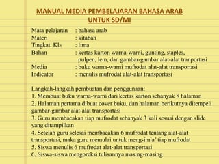 MANUAL MEDIA PEMBELAJARAN BAHASA ARAB
UNTUK SD/MI
Mata pelajaran : bahasa arab
Materi : kitabah
Tingkat. Kls : lima
Bahan : kertas karton warna-warni, gunting, staples,
pulpen, lem, dan gambar-gambar alat-alat tranportasi
Media : buku warna-warni mufrodat alat-alat transportasi
Indicator : menulis mufrodat alat-alat transportasi
Langkah-langkah pembuatan dan penggunaan:
1. Membuat buku warna-warni dari kertas karton sebanyak 8 halaman
2. Halaman pertama dibuat cover buku, dan halaman berikutnya ditempeli
gambar-gambar alat-alat transportasi
3. Guru membacakan tiap mufrodat sebanyak 3 kali sesuai dengan slide
yang ditampilkan
4. Setelah guru selesai membacakan 6 mufrodat tentang alat-alat
transportasi, maka guru memulai untuk meng-imla’ tiap mufrodat
5. Siswa menulis 6 mufrodat alat-alat transportasi
6. Siswa-siswa mengoreksi tulisannya masing-masing
 