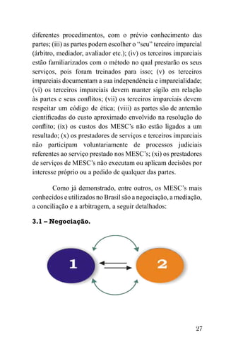 27
diferentes procedimentos, com o prévio conhecimento das
partes; (iii) as partes podem escolher o “seu” terceiro imparcial
(árbitro, mediador, avaliador etc.); (iv) os terceiros imparciais
estão familiarizados com o método no qual prestarão os seus
serviços, pois foram treinados para isso; (v) os terceiros
imparciais documentam a sua independência e imparcialidade;
(vi) os terceiros imparciais devem manter sigilo em relação
às partes e seus conflitos; (vii) os terceiros imparciais devem
respeitar um código de ética; (viii) as partes são de antemão
cientificadas do custo aproximado envolvido na resolução do
conflito; (ix) os custos dos MESC’s não estão ligados a um
resultado; (x) os prestadores de serviços e terceiros imparciais
não participam voluntariamente de processos judiciais
referentes ao serviço prestado nos MESC’s; (xi) os prestadores
de serviços de MESC’s não executam ou aplicam decisões por
interesse próprio ou a pedido de qualquer das partes.
Como já demonstrado, entre outros, os MESC’s mais
conhecidos e utilizados no Brasil são a negociação, a mediação,
a conciliação e a arbitragem, a seguir detalhados:
3.1 – Negociação.
 