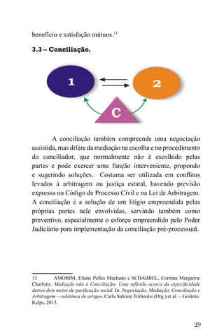 29
benefício e satisfação mútuos.13
3.3 – Conciliação.
A conciliação também compreende uma negociação
assistida, mas difere da mediação na escolha e no procedimento
do conciliador, que normalmente não é escolhido pelas
partes e pode exercer uma função interveniente, propondo
e sugerindo soluções. Costuma ser utilizada em conflitos
levados à arbitragem ou justiça estatal, havendo previsão
expressa no Código de Processo Civil e na Lei de Arbitragem.
A conciliação é a solução de um litígio empreendida pelas
próprias partes nele envolvidas, servindo também como
preventivo, especialmente o esforço empreendido pelo Poder
Judiciário para implementação da conciliação pré-processual.
13 AMORIM, Eliane Pelles Machado e SCHABBEL, Corinna Margarete
Charlotte. Mediação não é Conciliação: Uma reflexão acerca da especificidade
desses dois meios de pacificação social. In: Negociação, Mediação, Conciliação e
Arbitragem – coletânea de artigos./Carla Sahium Traboulsi (Org.) et al. – Goiânia:
Kelps, 2013.
 