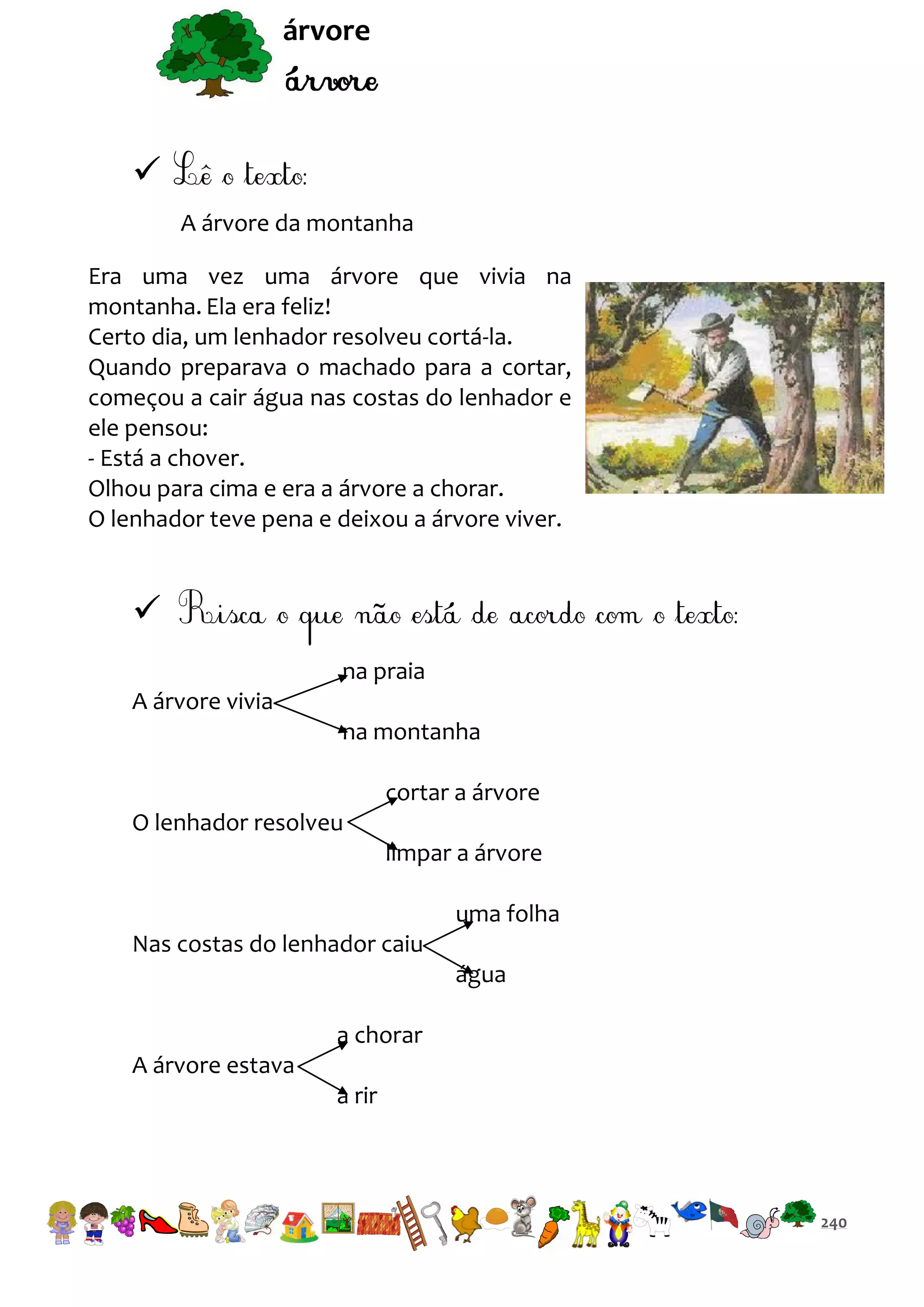 árvore


A árvore da montanha
Era uma vez uma árvore que vivia na
montanha. Ela era feliz!
Certo dia, um lenhador resolveu cortá-la.
Quando preparava o machado para a cortar,
começou a cair água nas costas do lenhador e
ele pensou:
- Está a chover.
Olhou para cima e era a árvore a chorar.
O lenhador teve pena e deixou a árvore viver.


na praia
A árvore vivia
na montanha
cortar a árvore
O lenhador resolveu
limpar a árvore
uma folha
Nas costas do lenhador caiu
água
a chorar
A árvore estava
a rir

240

 