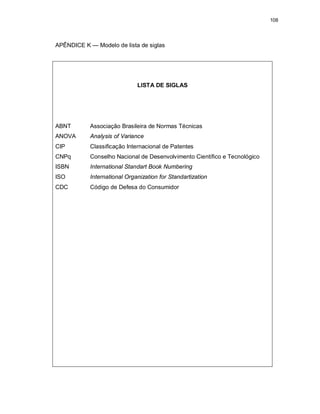 108
APÊNDICE K — Modelo de lista de siglas
LISTA DE SIGLAS
ABNT Associação Brasileira de Normas Técnicas
ANOVA Analysis of Variance
CIP Classificação Internacional de Patentes
CNPq Conselho Nacional de Desenvolvimento Científico e Tecnológico
ISBN International Standart Book Numbering
ISO International Organization for Standartization
CDC Código de Defesa do Consumidor
 