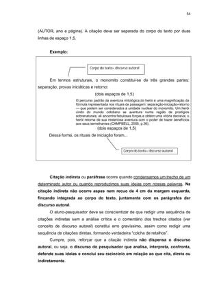 54
(AUTOR, ano e página). A citação deve ser separada do corpo do texto por duas
linhas de espaço 1,5.
Exemplo:
Em termos estruturais, o monomito constitui-se de três grandes partes:
separação, provas iniciáticas e retorno:
(dois espaços de 1,5)
O percurso padrão da aventura mitológica do herói é uma magnificação da
fórmula representada nos rituais de passagem: separação-iniciação-retorno
— que podem ser considerados a unidade nuclear do monomito. Um herói
vindo do mundo cotidiano se aventura numa região de prodígios
sobrenaturais; ali encontra fabulosas forças e obtém uma vitória decisiva; o
herói retorna de sua misteriosa aventura com o poder de trazer benefícios
aos seus semelhantes (CAMPBELL, 2005, p.36).
(dois espaços de 1,5)
Dessa forma, os rituais de iniciação foram...
Citação indireta ou paráfrase ocorre quando condensamos um trecho de um
determinado autor ou quando reproduzimos suas ideias com nossas palavras. Na
citação indireta não ocorre aspas nem recuo de 4 cm da margem esquerda,
fincando integrada ao corpo do texto, juntamente com os parágrafos der
discurso autoral.
O aluno-pesquisador deve se conscientizar de que redigir uma sequência de
citações indiretas sem a análise crítica e o comentário dos trechos citados (ver
conceito de discurso autoral) constitui erro gravíssimo, assim como redigir uma
sequência de citações diretas, formando verdadeira “colcha de retalhos”.
Cumpre, pois, reforçar que a citação indireta não dispensa o discurso
autoral, ou seja, o discurso do pesquisador que analisa, interpreta, confronta,
defende suas ideias e conclui seu raciocínio em relação ao que cita, direta ou
indiretamente.
Corpo do texto= discurso autoral
Corpo do texto= discurso autoral
 