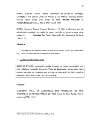 88
BRASIL. Supremo Tribunal Federal. Deferimento de pedido de extradição.
Extradição n. 410. Estados Unidos da América e José Antônio Fernandez. Relator:
Ministro Rafael Mayer. 21de março de 1984. Revista Trimestral de
Jurisprudência, [Brasília], v. 109, p. 870-879, set. 1984.
BRASIL. Supremo Tribunal Federal. Súmula n. 14. Não é admissível por ato
administrativo restringir, em razão de idade, inscrição em concurso para cargo
público. In: ______. Súmulas. São Paulo: Associação dos Advogados do Brasil,
1994. p. 16.
f) Eventos
Abrange os documentos reunidos no final de evento (anais, atas, resultados
etc.). Duas são as formas de se referenciar os eventos:
 Quando não há nome do autor:
NOME DO EVENTO, numeração seguida de ponto (se houver numeração), ano,
local (cidade de realização do evento). Título do documento... (anais, atas, tópico
temático seguidos de reticências por se tratar de abreviação do título). Local de
publicação: Editora (se houver), ano da publicação.
Exemplo:
ENCONTRO ANUAL DA ASSOCIAÇÃO DOS PROGRAMAS DE PÓS-
GRADUAÇÃO EM ADMINISTRAÇÃO, 20., 1996, Angra dos Reis. Anais... Rio de
Janeiro: ANPAD, 1996.25
25
Exemplo extraído de Acevedo e Nohara (2009, p. 184).
 