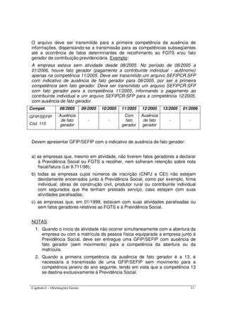 Capítulo I – Orientações Gerais 11
O arquivo deve ser transmitido para a primeira competência da ausência de
informações, dispensando-se a transmissão para as competências subseqüentes
até a ocorrência de fatos determinantes de recolhimento ao FGTS e/ou fato
gerador de contribuição previdenciária. Exemplo:
A empresa estava sem atividade desde 08/2005. No período de 08/2005 a
01/2006, houve fato gerador (pagamento a contribuinte individual - autônomo)
apenas na competência 11/2005. Deve ser transmitido um arquivo SEFIPCR.SFP
com indicativo de ausência de fato gerador para 08/2005, por ser a primeira
competência sem fato gerador. Deve ser transmitido um arquivo SEFIPCR.SFP
com fato gerador para a competência 11/2005, informando o pagamento ao
contribuinte individual e um arquivo SEFIPCR.SFP para a competência 12/2005,
com ausência de fato gerador.
Compet. 08/2005 09/2005 10/2005 11/2005 12/2005 13/2005 01/2006
GFIP/SEFIP
Cód. 115
Ausência
de fato
gerador
- -
Com
fato
gerador
Ausência
de fato
gerador
- -
Devem apresentar GFIP/SEFIP com o indicativo de ausência de fato gerador:
a) as empresas que, mesmo em atividade, não tiverem fatos geradores a declarar
à Previdência Social ou FGTS a recolher, nem sofreram retenção sobre nota
fiscal/fatura (Lei 9.711/98);
b) todas as empresas cujos números de inscrição (CNPJ e CEI) não estejam
devidamente encerrados junto à Previdência Social, como por exemplo, firma
individual, obras de construção civil, produtor rural ou contribuinte individual
com segurados que lhe tenham prestado serviço, caso estejam com suas
atividades paralisadas;
c) as empresas que, em 01/1999, estavam com suas atividades paralisadas ou
sem fatos geradores relativos ao FGTS e à Previdência Social.
NOTAS:
1. Quando o início da atividade não ocorrer simultaneamente com a abertura da
empresa ou com a matrícula da pessoa física equiparada a empresa junto à
Previdência Social, deve ser entregue uma GFIP/SEFIP com ausência de
fato gerador (sem movimento) para a competência da abertura ou da
matrícula.
2. Quando a primeira competência da ausência de fato gerador é a 13, é
necessária a transmissão de uma GFIP/SEFIP sem movimento para a
competência janeiro do ano seguinte, tendo em vista que a competência 13
se destina exclusivamente à Previdência Social.
 