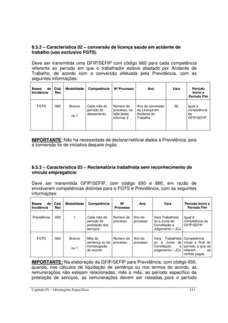 Capítulo IV – Orientações Específicas 131
8.5.2 – Característica 02 – conversão de licença saúde em acidente de
trabalho (uso exclusivo FGTS)
Deve ser transmitida uma GFIP/SEFIP com código 660 para cada competência
referente ao período em que o trabalhador esteve afastado por Acidente de
Trabalho, de acordo com a conversão efetuada pela Previdência, com as
seguintes informações:
Bases de
Incidência
Cód.
Rec
Modalidade Competência Nº Processo Ano Vara Período
Início e
Período Fim
FGTS 660 Branco
ou 1
Cada mês do
período do
afastamento
Número do
processo, na
falta deste
informar 2
Ano da conversão
da Licença em
Acidente do
Trabalho
02 Igual à
competência
da
GFIP/SEFIP
IMPORTANTE: Não há necessidade de declarar/retificar dados à Previdência, pois
a conversão foi de iniciativa daquele órgão.
8.5.3 – Característica 03 – Reclamatória trabalhista sem reconhecimento de
vínculo empregatício
Deve ser transmitida GFIP/SEFIP, com código 650 e 660, em razão de
envolverem competências distintas para o FGTS e Previdência, com as seguintes
informações:
Bases de
Incidência
Cód.
Rec
Modalidade Competência Nº
Processo
Ano Vara Período Início e
Período Fim
Previdência 650 1 Cada mês do
período de
prestação dos
serviços
Número do
processo
Ano do
processo
Vara Trabalhista
ou a Junta de
Conciliação e
Julgamento – JCJ
Igual à
competência da
GFIP/SEFIP
FGTS 660 Branco
ou 1
Mês da
sentença ou da
homologação
do acordo
Número do
processo
Ano do
processo
Vara Trabalhista
ou a Junta de
Conciliação e
Julgamento – JCJ
Competência
inicial e final do
período a que se
referem as
verbas pagas
IMPORTANTE: Na elaboração da GFIP/SEFIP para Previdência, com código 650,
quando, nos cálculos de liquidação de sentença ou nos termos do acordo, as
remunerações não estejam relacionadas, mês a mês, ao período específico da
prestação de serviços, as remunerações devem ser rateadas para o período
 