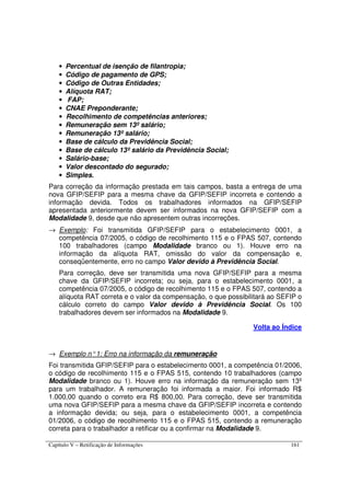 Capítulo V – Retificação de Informações 161
• Percentual de isenção de filantropia;
• Código de pagamento de GPS;
• Código de Outras Entidades;
• Alíquota RAT;
• FAP;
• CNAE Preponderante;
• Recolhimento de competências anteriores;
• Remuneração sem 13º salário;
• Remuneração 13º salário;
• Base de cálculo da Previdência Social;
• Base de cálculo 13º salário da Previdência Social;
• Salário-base;
• Valor descontado do segurado;
• Simples.
Para correção da informação prestada em tais campos, basta a entrega de uma
nova GFIP/SEFIP para a mesma chave da GFIP/SEFIP incorreta e contendo a
informação devida. Todos os trabalhadores informados na GFIP/SEFIP
apresentada anteriormente devem ser informados na nova GFIP/SEFIP com a
Modalidade 9, desde que não apresentem outras incorreções.
→ Exemplo: Foi transmitida GFIP/SEFIP para o estabelecimento 0001, a
competência 07/2005, o código de recolhimento 115 e o FPAS 507, contendo
100 trabalhadores (campo Modalidade branco ou 1). Houve erro na
informação da alíquota RAT, omissão do valor da compensação e,
conseqüentemente, erro no campo Valor devido à Previdência Social.
Para correção, deve ser transmitida uma nova GFIP/SEFIP para a mesma
chave da GFIP/SEFIP incorreta; ou seja, para o estabelecimento 0001, a
competência 07/2005, o código de recolhimento 115 e o FPAS 507, contendo a
alíquota RAT correta e o valor da compensação, o que possibilitará ao SEFIP o
cálculo correto do campo Valor devido à Previdência Social. Os 100
trabalhadores devem ser informados na Modalidade 9.
Volta ao Índice
→ Exemplo n°1: Erro na informação da remuneração
Foi transmitida GFIP/SEFIP para o estabelecimento 0001, a competência 01/2006,
o código de recolhimento 115 e o FPAS 515, contendo 10 trabalhadores (campo
Modalidade branco ou 1). Houve erro na informação da remuneração sem 13º
para um trabalhador. A remuneração foi informada a maior. Foi informado R$
1.000,00 quando o correto era R$ 800,00. Para correção, deve ser transmitida
uma nova GFIP/SEFIP para a mesma chave da GFIP/SEFIP incorreta e contendo
a informação devida; ou seja, para o estabelecimento 0001, a competência
01/2006, o código de recolhimento 115 e o FPAS 515, contendo a remuneração
correta para o trabalhador a retificar ou a confirmar na Modalidade 9.
 