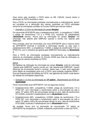 Capítulo V – Retificação de Informações 162
Caso tenha sido recolhido o FGTS sobre os R$ 1.000,00, haverá direito à
devolução do FGTS recolhido a maior.
Para o FGTS, as informações prestadas incorretamente ou indevidamente, devem
ser corrigidas ou a devolução dos valores recolhidos ao FGTS solicitadas
conforme as orientações contidas na Circular CAIXA que trata da matéria.
→ Exemplo n°2: Erro na informação do campo Simples
Foi transmitida GFIP/SEFIP para o estabelecimento 0001, a competência 11/2005,
o código de recolhimento 115 e o FPAS 515, contendo 05 trabalhadores
(Modalidade branco). Houve erro na informação do campo Simples. Foi
informado “não optante pelo SIMPLES” quando o correto era “optante pelo
SIMPLES”.
Para correção, deve ser transmitida uma nova GFIP/SEFIP para a mesma chave
da GFIP/SEFIP incorreta e contendo a informação devida; ou seja, para o
estabelecimento 0001, a competência 11/2005, o código de recolhimento 115 e o
FPAS 515, com o indicativo de optante pelo SIMPLES informados na Modalidade
9.
Para o FGTS, as informações prestadas incorretamente ou indevidamente
observar as orientações contidas na Circular CAIXA que trata da retificação ou
devolução de valores recolhidos ao FGTS.
NOTA:
Na hipótese de retificação da informação do campo Simples, onde foi informado
“optante pelo SIMPLES” quanto correto era “não optante pelo SIMPLES”, haverá
diferença de Contribuição Social a recolher. Neste caso, o valor será registrado
como débito do empregador para com o FGTS, para quitação mediante GRDE –
Guia de Regularização de Débitos do FGTS, nas agências da CAIXA, onde devem
ser obtidas as orientações específicas.
→ Exemplo n°3: Erro na informação do 13º salário - Recolhimento do FGTS em
duplicidade
Foram transmitidas duas GFIP/SEFIP, com as seguintes chaves:
• Estabelecimento 0001, competência 11/2005, código de recolhimento 115 e
FPAS 507, com informação e recolhimento sobre a remuneração do mês e
sobre 13º salário (50% da remuneração devida no ano), data de recolhimento
07/12/2005, contendo 5 trabalhadores com a Modalidade branco.
• Estabelecimento 0001, competência 12/2005, código de recolhimento 115 e
FPAS 507, com informação e recolhimento sobre a remuneração do mês e
sobre 13º salário (100% da remuneração devida no ano), data de recolhimento
07/01/2006, contendo 5 trabalhadores com a Modalidade branco.
Na verdade, houve erro na informação da remuneração 13º salário na
GFIP/SEFIP da competência 12/2005, ensejando recolhimento a maior do FGTS.
 