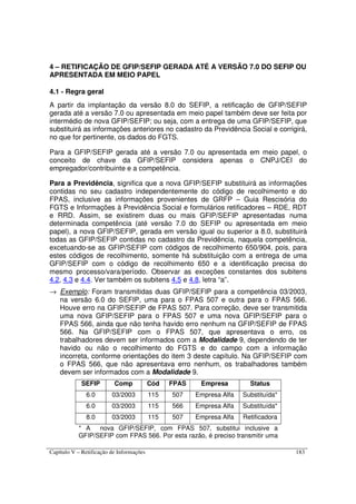 Capítulo V – Retificação de Informações 183
4 – RETIFICAÇÃO DE GFIP/SEFIP GERADA ATÉ A VERSÃO 7.0 DO SEFIP OU
APRESENTADA EM MEIO PAPEL
4.1 - Regra geral
A partir da implantação da versão 8.0 do SEFIP, a retificação de GFIP/SEFIP
gerada até a versão 7.0 ou apresentada em meio papel também deve ser feita por
intermédio de nova GFIP/SEFIP; ou seja, com a entrega de uma GFIP/SEFIP, que
substituirá as informações anteriores no cadastro da Previdência Social e corrigirá,
no que for pertinente, os dados do FGTS.
Para a GFIP/SEFIP gerada até a versão 7.0 ou apresentada em meio papel, o
conceito de chave da GFIP/SEFIP considera apenas o CNPJ/CEI do
empregador/contribuinte e a competência.
Para a Previdência, significa que a nova GFIP/SEFIP substituirá as informações
contidas no seu cadastro independentemente do código de recolhimento e do
FPAS, inclusive as informações provenientes de GRFP – Guia Rescisória do
FGTS e Informações à Previdência Social e formulários retificadores – RDE, RDT
e RRD. Assim, se existirem duas ou mais GFIP/SEFIP apresentadas numa
determinada competência (até versão 7.0 do SEFIP ou apresentada em meio
papel), a nova GFIP/SEFIP, gerada em versão igual ou superior a 8.0, substituirá
todas as GFIP/SEFIP contidas no cadastro da Previdência, naquela competência,
excetuando-se as GFIP/SEFIP com códigos de recolhimento 650/904, pois, para
estes códigos de recolhimento, somente há substituição com a entrega de uma
GFIP/SEFIP com o código de recolhimento 650 e a identificação precisa do
mesmo processo/vara/período. Observar as exceções constantes dos subitens
4.2, 4.3 e 4.4. Ver também os subitens 4.5 e 4.8, letra “a”.
→ Exemplo: Foram transmitidas duas GFIP/SEFIP para a competência 03/2003,
na versão 6.0 do SEFIP, uma para o FPAS 507 e outra para o FPAS 566.
Houve erro na GFIP/SEFIP de FPAS 507. Para correção, deve ser transmitida
uma nova GFIP/SEFIP para o FPAS 507 e uma nova GFIP/SEFIP para o
FPAS 566, ainda que não tenha havido erro nenhum na GFIP/SEFIP de FPAS
566. Na GFIP/SEFIP com o FPAS 507, que apresentava o erro, os
trabalhadores devem ser informados com a Modalidade 9, dependendo de ter
havido ou não o recolhimento do FGTS e do campo com a informação
incorreta, conforme orientações do item 3 deste capítulo. Na GFIP/SEFIP com
o FPAS 566, que não apresentava erro nenhum, os trabalhadores também
devem ser informados com a Modalidade 9.
SEFIP Comp Cód FPAS Empresa Status
6.0 03/2003 115 507 Empresa Alfa Substituída*
6.0 03/2003 115 566 Empresa Alfa Substituída*
8.0 03/2003 115 507 Empresa Alfa Retificadora
* A nova GFIP/SEFIP, com FPAS 507, substitui inclusive a
GFIP/SEFIP com FPAS 566. Por esta razão, é preciso transmitir uma
 