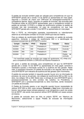 Capítulo V – Retificação de Informações 193
O pedido de exclusão também pode ser utilizado para competências em que há
GFIP/SEFIP gerada até a versão 7.0 do SEFIP ou apresentada em meio papel,
seguindo o conceito de chave com CNPJ/CEI do empregador/contribuinte e
competência apenas. Assim, havendo um pedido de exclusão, são excluídas pela
Previdência todas as GFIP/SEFIP apresentadas, para a competência contida no
pedido de exclusão. O FPAS e o código de recolhimento contidos no pedido de
exclusão não são considerados, no caso de competência em que haja
GFIP/SEFIP gerada até a versão 7.0 do SEFIP ou apresentada em meio papel.
Para o FGTS, as informações prestadas incorretamente ou indevidamente
observar as orientações contidas na Circular CAIXA que trata da matéria.
Para os códigos de recolhimento 650/904, é necessário um pedido de exclusão
específico, contendo o código de recolhimento 650 e a identificação do
processo/vara/período da GFIP/SEFIP a excluir.
Compet Cód Rec FPAS Empresa Tomador Status
03/2004 115 515 Prestadora A - Excluída *
03/2004 150 655 Prestadora A Tomador B Excluída *
03/2004 650 515 Prestadora A - Válida
03/2004 115 515 Prestadora A - Pedido de
exclusão
* Foi transmitido pedido de exclusão com código de recolhimento 115, FPAS 515,
para a competência 03/2004 e o CNPJ/CEI da Empresa Prestadora A.
Em geral, o pedido de exclusão, para competências em que há GFIP/SEFIP
gerada até a versão 7.0 do SEFIP ou apresentada em meio papel, somente é
necessário quando a informação correta for a ausência de fato gerador. Neste
caso, é necessário transmitir um pedido de exclusão e em seguida, deve ser feita
uma GFIP/SEFIP com indicativo de ausência de fato gerador (sem movimento).
O pedido de exclusão também é requerido quando houver erro na informação do
processo, da vara ou do período, nos códigos de recolhimento 650 ou 904, ou da
obra, nos códigos 155 ou 908. Neste caso, a entrega de nova GFIP/SEFIP para o
processo/vara/período ou obra corretos não substitui, na Previdência, a
GFIP/SEFIP com o processo/vara/período ou obra incorretos, sendo necessário
um pedido de exclusão.
O Pedido de Exclusão passou a ser requerido quando houver necessidade de
retificar GFIP 650 ou 904, cujos campos Processo e Vara foram informados em
branco, isso porque esses campos passaram a ser obrigatórios a partir da versão
8.4 do SEFIP, não sendo mais possível retificar GFIP 650/660 com esses campos
em branco.
O pedido de exclusão deve ser feito no próprio SEFIP, em “Abertura do
Movimento”, selecionando a opção “Pedido de exclusão de informações
anteriores.
 