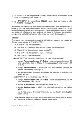 Capítulo III – Informações Financeiras 94
a) na GFIP/SEFIP da competência 01/2000, como data de afastamento o dia
02/01/2000 (domingo) e o código Q1;
b) na GFIP/SEFIP da competência 05/2000, como data de retorno o dia
01/05/2000 e o código Z1.
Na hipótese de o período de afastamento abranger duas ou mais competências, a
data e o código de afastamento devem ser informados apenas na GFIP/SEFIP da
competência em que ocorreu o afastamento e na competência do retorno, exceto
nos casos de afastamento por acidente de trabalho (inclusive prorrogação),
serviço militar obrigatório e licença-maternidade (ver nota 5 deste subitem).
Exemplo:
Empregado com remuneração mensal de R$ 300,00, afastado por motivo de
doença, no período de 10/04 a 18/05/1999:
de 01 a 09/04 – 09 dias trabalhados;
de 10 a 24/04 – 15 primeiros dias de licença pagos pelo empregador;
de 25 a 30/04 – 6 dias de licença pagos pelo INSS;
de 01 a 18/05 – 18 dias de licença pagos pelo INSS;
de 19 a 31/05 – 13 dias trabalhados;
Na GFIP/SEFIP da competência abril, informar para este empregado:
• campo Remuneração sem 13º Salário – valor correspondente aos 09
dias trabalhados mais os 15 dias de licença pagos pelo empregador – R$
240,00;
• campo Movimentação – 09/04/1999 (dia imediatamente anterior ao
efetivo afastamento) e o código P1;
• os demais campos devem ser informados de acordo com as instruções
deste Manual.
Na GFIP/SEFIP da competência maio, informar:
• campo Remuneração sem 13º Salário – valor correspondente aos 13
dias trabalhados – R$ 130,00;
• campo Movimentação – 09/04/1999 e o código P1(*);
• campo Movimentação – 18/05/1999 (último dia da licença) e o código
Z5(*) ;
• os demais campos devem ser informados de acordo com as instruções
deste Manual.
(*) Sempre que houver a informação de uma movimentação de retorno, devem
ser informados, também, o código e a data de afastamento.
 