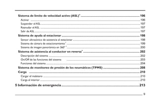 5 Información de emergencia
Sistema de límite de velocidad activo (ASL)
Sistema de ayuda al estacionar
Sistema de asistencia al conductor en reversa
Sistema de monitoreo de presión de los neumáticos (TPMS)
Carga
Activar
Suspender el ASL
Reanudar el ASL
Salir de ASL
Sensor ultrasónico de asistencia al estacionar
Sistema de cámara de estacionamiento
Sistema de imagen panorámica en 360°
Descripción del sistema
On/Off de las funciones del sistema
Funciones del sistema
Cargar el maletero
Carga al interior
 