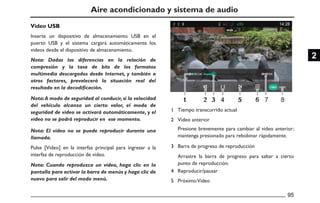 PM
00:00:2 4 00:02:2 4
7
6
5
4
3
2
1
USB1 USB2
WMV
8
P
P
P
P
P
P
P
P
P
P
P
P
P
P
P
P
P
PM
M
M
M
M
M
M
M
M
M
M
M
M
M
M
M
M
M
M
M
M
M
M
M
M
M
M
M
M
M
14:28
Aire acondicionado y sistema de audio
Video USB
Inserte un dispositivo de almacenamiento USB en el
puerto USB y el sistema cargará automáticamente los
videos desde el dispositivo de almacenamiento.
Pulse [Video] en la interfaz principal para ingresar a la
interfaz de reproducción de video.
Nota: Dadas las diferencias en la relación de
compresión y la tasa de bits de los formatos
multimedia descargados desde Internet, y también a
otros factores, prevalecerá la situación real del
resultado en la decodificación.
Nota:A modo de seguridad al conducir, si la velocidad
del vehículo alcanza un cierto valor, el modo de
seguridad de video se activará automáticamente, y el
video no se podrá reproducir en ese momento.
Nota: Cuando reproduzca un vídeo, haga clic en la
pantalla para activar la barra de menús y haga clic de
nuevo para salir del modo menú.
Nota: El video no se puede reproducir durante una
llamada.
Video anterior
Presione brevemente para cambiar al video anterior;
mantenga presionado para rebobinar rápidamente.
Barra de progreso de reproducción
Arrastre la barra de progreso para saltar a cierto
punto de reproducción.
Reproducir/pausar
PróximoVideo
Tiempo transcurrido actual
 