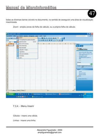 Ma n u a l d e M i c r o i n f ormática
                                                                                           47
todas as diversas barras visíveis no documento, no sentido de assegurar uma área de visualização
maximizada.

       Zoom - amplia zonas da folha de cálculo, ou a própria folha de cálculo.




       7.3.4. - Menu Inserir



       Células - insere uma célula.

       Linhas - insere uma linha.



                                    Alexandre Figueiredo - 2004
                                     ampfigueiredo@gmail.com
 