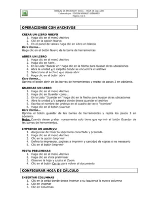 MANUAL DE MICROSOFT EXCEL – HOJA DE CÁLCULO
                           Elaborado por: EDISON MORALES LIZARAZO
                                          Página 2 de 6




OPERACIONES CON ARCHIVOS

CREAR UN LIBRO NUEVO
   1. Haga clic en el menú Archivo
   2. Clic en la opción Nuevo
   3. En el panel de tareas haga clic en Libro en blanco
Otra forma…
Haga clic en el botón Nuevo de la barra de herramientas

ABRIR UN LIBRO
   1. Haga clic en el menú Archivo
   2. Haga clic en Abrir…
   3. En la Lista “Buscar en” haga clic en la flecha para buscar otras ubicaciones
   4. Abra la unidad y/o carpeta donde se encuentra el archivo
   5. Seleccione el archivo que desea abrir
   6. Haga clic en el botón abrir
Otra forma…
Oprima el botón abrir de las barras de herramientas y repita los pasos 3 en adelante.

GUARDAR UN LIBRO
    1. Haga clic en el menú Archivo
    2. Haga clic en Guardar como…
    3. En la Lista “Guardar en” haga clic en la flecha para buscar otras ubicaciones
    4. Abra la unidad y/o carpeta donde desea guardar el archivo
    5. Escriba el nombre del archivo en el cuadro de texto “Nombre”
    6. Haga clic en el botón Guardar
Otra forma…
Oprima el botón guardar de las barras de herramientas y repita los pasos 3 en
adelante.
Nota: Cuando desee grabar nuevamente solo tiene que oprimir el botón Guardar de
las barras de herramientas.

IMPRIMIR UN ARCHIVO
  1. Asegúrese de tener la impresora conectada y prendida.
  2. Haga clic en el menú Archivo
  3. Clic en la opción Imprimir
  4. Defina la impresora, páginas a imprimir y cantidad de copias si es necesario
  5. Clic en el botón Imprimir

VISTA PRELIMINAR
   1. Haga clic en el menú Archivo
   2. Haga clic en Vista preliminar
   3. Observe la hoja y ajuste el Zoom
   4. Clic en el botón Cerrar para volver al documento

CONFIGURAR HOJA DE CÁLCULO

INSERTAR COLUMNAS
   1. Clic en la celda donde desea insertar a su izquierda la nueva columna
   2. Clic en Insertar
   3. Clic en Columnas
 