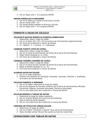 MANUAL DE MICROSOFT EXCEL – HOJA DE CÁLCULO
                           Elaborado por: EDISON MORALES LIZARAZO
                                          Página 4 de 6


   4. Clic en Pegar (Ctrl + V) o presione ENTER.

MOVER FORMULAS O FUNCIONES
  1. Clic en la celda que contiene la fórmula o función
  2. Clic en Cortar (Ctrl + X)
  3. Clic donde desea trasladar la fórmula o función
  4. Clic en Pegar (Ctrl + V) o presione ENTER.


FORMATO A HOJAS DE CÁLCULO

COLOCAR Ó QUITAR NEGRILLA/CURSIVA/SUBRAYADO
  1. Seleccionar celda o rango de celdas
  2. Clic en el botón [N] / [K] / [S] de la barra de herramientas respectivamente.
  3. Clic fuera de la selección o mover las flechas
  4. N = Negrita; K = Cursiva; S = Subrayado

CAMBIAR FUENTE (TIPO DE LETRA)
  1. Seleccionar celda o rango de celdas
  2. Clic en el menú de lista Nombre de fuente de la barra de herramientas
  3. Elegir fuente deseada (p. ej. Arial)
  4. Clic fuera de la selección o mover las flechas

CAMBIAR TAMAÑO (TAMAÑO DE LETRA)
  1. Seleccionar celda o rango de celdas
  2. Clic en el menú de lista Tamaño de fuente de la barra de herramientas
  3. Elegir el tamaño deseado (p. ej. 14)
  4. Clic fuera de la selección o mover las flechas

ALINEAR DATOS EN CELDAS
   1. Clic en la celda respectiva
   2. Presione los botones de alineación Izquierda, Centrado, Derecha o Justificado
      de la barra de herramientas

APLICAR FORMATO A NÚMEROS
  1. Clic en la celda o seleccione el rango de celdas
  2. Clic en los botones de Formato numérico de la barra de herramientas (Moneda,
     Porcentual, Millares, Aumentar decimales, Disminuir decimales).
  3. Clic en una celda fuera de la selección o mueva las flechas

APLICAR BORDES A TABLAS DE DATOS
  1. Seleccione el rango de celdas respectivo
  2. Clic en el botón Bordes de la barra de herramientas
  3. Elija el estilo de borde deseado
  4. Clic en una celda fuera de la selección o mueva las flechas

CENTRAR UN TÍTULO EN VARIAS CELDAS
  1. Seleccionar el rango de celdas
  2. Clic en el botón “Combinar y centrar” de la barra de herramientas
  3. Nota: Se debe centrar fila por fila cuando se trate de varias filas.

OPERACIONES CON TABLAS DE DATOS
 