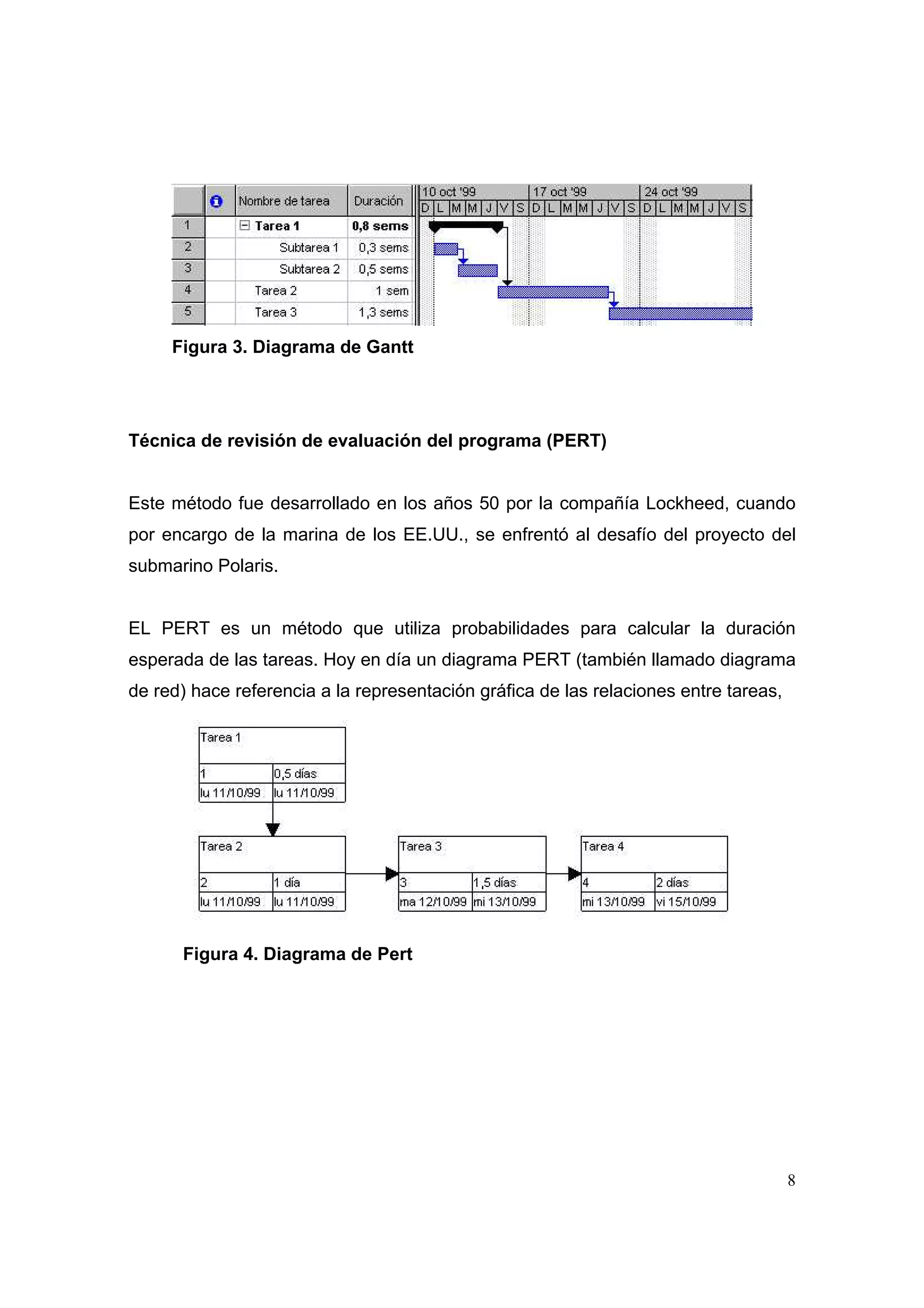 Figura 3. Diagrama de Gantt




Técnica de revisión de evaluación del programa (PERT)


Este método fue desarrollado en los años 50 por la compañía Lockheed, cuando
por encargo de la marina de los EE.UU., se enfrentó al desafío del proyecto del
submarino Polaris.


EL PERT es un método que utiliza probabilidades para calcular la duración
esperada de las tareas. Hoy en día un diagrama PERT (también llamado diagrama
de red) hace referencia a la representación gráfica de las relaciones entre tareas,




      Figura 4. Diagrama de Pert




                                                                                      8
 