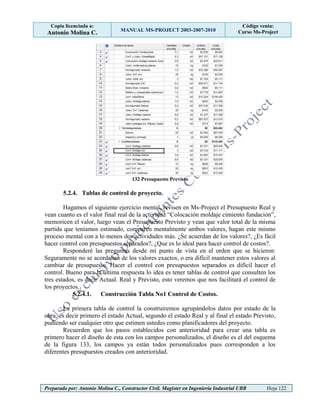 Copia licenciada a:
Antonio Molina C. MANUAL MS-PROJECT 2003-2007-2010
Código venta:
Curso Ms-Project
Preparado por: Antonio Molina C., Constructor Civil. Magister en Ingeniería Industrial UBB Hoja 122
132 Presupuesto Previsto
5.2.4. Tablas de control de proyecto.
Hagamos el siguiente ejercicio mental, revisen en Ms-Project el Presupuesto Real y
vean cuanto es el valor final real de la actividad “Colocación moldaje cimiento fundación”,
memoricen el valor, luego vean el Presupuesto Previsto y vean que valor total de la misma
partida que teníamos estimado, comparen mentalmente ambos valores, hagan este mismo
proceso mental con a lo menos dos actividades más. ¿Se acuerdan de los valores?, ¿Es fácil
hacer control con presupuestos separados?, ¿Que es lo ideal para hacer control de costos?.
Responderé las preguntas desde mi punto de vista en el orden que se hicieron:
Seguramente no se acordaban de los valores exactos, o era difícil mantener estos valores al
cambiar de presupuesto. Hacer el control con presupuestos separados es difícil hacer el
control. Bueno para la última respuesta lo idea es tener tablas de control que consulten los
tres estados, es decir Actual. Real y Previsto, esto veremos que nos facilitará el control de
los proyectos.
5.2.4.1. Construcción Tabla No1 Control de Costos.
La primera tabla de control la construiremos agrupándolos datos por estado de la
obra, es decir primero el estado Actual, segundo el estado Real y al final el estado Previsto,
pudiendo ser cualquier otro que estimen ustedes como planificadores del proyecto.
Recuerden que los pasos establecidos con anterioridad para crear una tabla es
primero hacer el diseño de esta con los campos personalizados, el diseño es el del esquema
de la figura 133, los campos ya están todos personalizados pues corresponden a los
diferentes presupuestos creados con anterioridad.
 