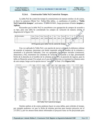 Copia licenciada a:
Antonio Molina C. MANUAL MS-PROJECT 2003-2007-2010
Código venta:
Curso Ms-Project
Preparado por: Antonio Molina C., Constructor Civil. Magister en Ingeniería Industrial UBB Hoja 128
5.2.4.4. Construcción Tabla No2 Control de Tiempos.
La tabla No2 de control de tiempo la construiremos de manera similar a la de costos,
es decir la copiamos (Menú Ver- Tablas-Más tablas…), cambiamos el nombre a “Tabla
No2 Control de tiempos”, activamos , luego presionar el botón Aceptar y
Aplicar.
Recuerden que la tabla No2 la concebimos con agrupación de campos de acuerdo a
su tipo, para esta tabla he considerado los campos de variación de manera similar al
diagrama de la figura 143.
143 Esquema para tabla No2 de control de tiempos.
Una vez aplicada la Tabla No2, con opción de mover columnas la debemos ordenar
de acuerdo al esquema, (presionar con botón izquierdo sobre el nombre de la columna y
arrastrarla a la posición indicada). Una vez agrupados los campos iniciales (comienzos,
duraciones y fin), insertemos las columnas de variación de acuerdo a su tipo, presionando
botón de la derecha en el nombre de la columna posterior a la posición de ingreso, para la
tabla en Duración actual, Fin actual, en el caso de Fin previsto se insertará la columna antes
de este campo, luego con la opción mover “moverla” al final. (Ver Figura 144).
144 Tabla No2 Control de tiempos
Similar análisis al de costos podemos hacer en estas tablas, pero referido al tiempo,
por ejemplo podemos ver que la fecha de término prevista para nuestro proyecto era el
2/3/2012 y por los atrasos hasta ahora informados el proyecto tiene un fin proyectado para
No Actividades Cmzo. Cmzo. Cmzo. Variac. Dur. Dur. Dur. Variac. Fin Fin Fin Variac.
actual prev. real cmzo actual real prev. dur. actual real prev. fin
 