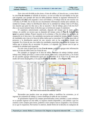 Copia licenciada a:
Antonio Molina C. MANUAL MS-PROJECT 2003-2007-2010
Código venta:
Curso Ms-Project
Preparado por: Antonio Molina C., Constructor Civil. Magister en Ingeniería Industrial UBB Hoja 159
Esta vista está dividida en dos áreas, el área de tablas y el área de uso, y como decía
la vista Uso de recurso es referida al recurso y su uso en todas las actividades en las que
está asignado, por ejemplo del área de tabla podemos obtener la siguiente información el
Carpintero 1ra (día) está asignado a once actividades y el trabajo total de este recurso son
3,39 días (3,39 HD). En el área de uso encontramos información similar pero referida a la
unidad de tiempo, indica la distribución diaria de la cantidad de trabajo total (3,39 días),
nos muestra que para los días uno y dos se necesita 1 día de trabajo, para el día tres 0,23
días y así sucesivamente hasta el día diez que se termina de ocupar el carpintero.
El carpintero anteriormente analizado, depende del tiempo por lo tanto genera
trabajo, en cambio un recurso que no depende del tiempo como el Pino B. 1x4x3,2 mts
(pza) no genera trabajo, Project muestra en la columna y filas de trabajo las unidades de
asignación en el área uno y las cantidades necesarias por unidad de tiempo. Desde el punto
de cantidades esta vista en el área de tablas indica que se necesitan 34,5 piezas para todo el
proyecto y la distribución parcial de este recurso está en las actividades donde está
asignado. En el área de uso, nos indica las cantidades requeridas por unidad de tiempo, nos
indica que el primer día se necesitan 18 piezas y el segundo 16,5 piezas con lo que se
completa la cantidad total requerida.
En esta vista al igual que la vista Uso de tareas, podemos agregar más información
tanto en el área de tabla como en el área de uso.
Por ejemplo yo agregué en el área de tablas columnas de trabajo (trabajo actual,
trabajo real, trabajo previsto) y costos (costo actual, costo real y costo previsto), y en el área
de uso pueden agregar información igual que lo aprendido en la Vista Uso de tareas por
medio del menú desplegable y/o la opción Estilos de detalle… (Ver Figura 182).
182 Vista Uso de recursos con columnas nuevas
Recuerden que pueden crear sus propias tablas o modificar las existentes, yo al
ingresar las columnas de trabajo y costos modifique la tabla de uso existente.
Si quisiéramos ingresar los campos personalizados como cantidad, o costo unitarios
no se pueden ingresar en esta tabla, ni siquiera estarán disponible y esto debido a que los
creamos como campos para tareas, podemos crear campos nuevos asignados a los recursos
(si es que lo requieren). Revisemos lo anterior, dando botón de la derecha en cualquiera de
 