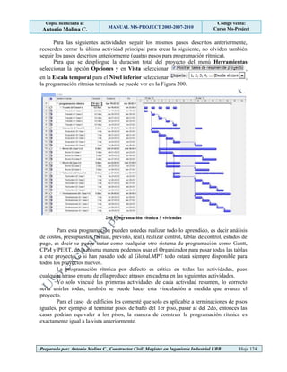 Copia licenciada a:
Antonio Molina C. MANUAL MS-PROJECT 2003-2007-2010
Código venta:
Curso Ms-Project
Preparado por: Antonio Molina C., Constructor Civil. Magister en Ingeniería Industrial UBB Hoja 174
Para las siguientes actividades seguir los mismos pasos descritos anteriormente,
recuerden cerrar la última actividad principal para crear la siguiente, no olviden también
seguir los pasos descritos anteriormente (cuatro pasos para programación rítmica).
Para que se despliegue la duración total del proyecto del menú Herramientas
seleccionar la opción Opciones y en Vista seleccionar ,
en la Escala temporal para el Nivel inferior seleccionar ,
la programación rítmica terminada se puede ver en la Figura 200.
200 Programación rítmica 5 viviendas
Para esta programación pueden ustedes realizar todo lo aprendido, es decir análisis
de costos, presupuestos (actual, previsto, real), realizar control, tablas de control, estados de
pago, es decir se puede tratar como cualquier otro sistema de programación como Gantt,
CPM y PERT, de la misma manera podemos usar el Organizador para pasar todas las tablas
a este proyecto, o si han pasado todo al Global.MPT todo estará siempre disponible para
todos los proyectos nuevos.
La programación rítmica por defecto es crítica en todas las actividades, pues
cualquier atraso en una de ella produce atrasos en cadena en las siguientes actividades.
Yo solo vinculé las primeras actividades de cada actividad resumen, lo correcto
sería unirlas todas, también se puede hacer esta vinculación a medida que avanza el
proyecto.
Para el caso de edificios les comenté que solo es aplicable a terminaciones de pisos
iguales, por ejemplo al terminar pisos de baño del 1er piso, pasar al del 2do, entonces las
casas podrían equivaler a los pisos, la manera de construir la programación rítmica es
exactamente igual a la vista anteriormente.
 