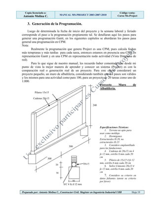Copia licenciada a:
Antonio Molina C. MANUAL MS-PROJECT 2003-2007-2010
Código venta:
Curso Ms-Project
Preparado por: Antonio Molina C., Constructor Civil. Magister en Ingeniería Industrial UBB Hoja 19
3. Generación de la Programación.
Luego de determinada la fecha de inicio del proyecto y la semana laboral y feriado
corresponde el paso a la programación propiamente tal. Se detallaran aquí los pasos para
generar una programación Gantt, en los siguientes capítulos se abordaran los pasos pasa
general una programación en CPM.
Nota:
Realmente la programación que genera Project es una CPM, pues calcula fechas
más tempranas y más tardías para cada tarea, entonces estamos en presencia una CPM en
representación Gantt y en una CPM en representación nodo actividad (Vista Diagrama de
red).
Para lo que sigue de nuestro manual, les recuerdo haber comentado que desde mi
punto de vista la mejor manera de aprender y conocer un sistema (Project) es con la
comparación real o generación real de un proyecto. Para este efecto consideraré un
proyecto pequeño, un muro de albañilería, considerando también que los pasos son válidos
y los mismos para una actividad como para 100, para un proyecto de 20 tareas como uno de
1.000.
Proyecto Muro de
Albañilería.
Especificaciones Técnicas:
1. Terreno no apto para
usar como moldaje.
2. Hormigones
Estructurales H-20, no
estructurales H-15
3. Considere emplantillado
para las fundaciones
4. Cadenas de 20x15 cm 4
fe 12 mm, estribo 6 mm cada 20
cm
5. Pilares de 15x15 4 fe 12
mm, estribo 6 mm cada 20 cm
6. Sobre Cimiento 20x15 4
fe 12 mm, estribo 6 mm cada 20
cm
7. Considere su criterio en
datos faltantes (anote su criterio
por favor)
50
20x15
S/C 4 fe d 12 mm
50
300
300
240
Pilares 15x15
(TIP)
20
Cadenas 20x15
 