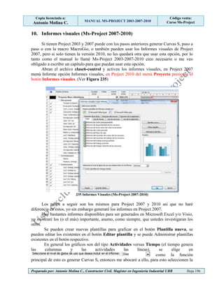 Copia licenciada a:
Antonio Molina C. MANUAL MS-PROJECT 2003-2007-2010
Código venta:
Curso Ms-Project
Preparado por: Antonio Molina C., Constructor Civil. Magister en Ingeniería Industrial UBB Hoja 196
10. Informes visuales (Ms-Project 2007-2010)
Si tienen Project 2003 y 2007 puede con los pasos anteriores generar Curvas S, paso a
paso o con la macro MacroGio, o también pueden usar los Informes visuales de Project
2007, pero si solo tienen la versión 2010, no les quedará otra que usar esta opción, por lo
tanto como el manual lo llamé Ms-Project 2003-2007-2010 creo necesario o me veo
obligado a escribir un capítulo para que puedan usar esta opción.
Abran el archivo clase6-control y activen los informes visuales, en Project 2007
menú Informe opción Informes visuales, en Project 2010 del menú Proyecto presionar el
botón Informes visuales. (Ver Figura 235)
235 Informes Visuales (Ms-Project 2007-2010)
Los pasos a seguir son los mismos para Project 2007 y 2010 así que no haré
diferencia en estos, yo sin embargo generaré los informes en Project 2007.
Hay bastantes informes disponibles para ser generados en Microsoft Excel y/o Visio,
yo mostraré los (o el más) importante, asumo, como siempre, que ustedes investigaran los
otros.
Se pueden crear nuevas plantillas para graficar en el botón Plantilla nueva, se
pueden editar los existentes en el botón Editar plantilla y se puede Administrar plantillas
existentes en el botón respectivo.
En general los gráficos son del tipo Actividades versus Tiempo (el tiempo genera
las columnas y las actividades las líneas), se elige en
como la función
principal de esto es generar Curvas S, entonces me abocaré a ello, para esto seleccionen la
 