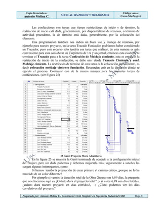 Copia licenciada a:
Antonio Molina C. MANUAL MS-PROJECT 2003-2007-2010
Código venta:
Curso Ms-Project
Preparado por: Antonio Molina C., Constructor Civil. Magister en Ingeniería Industrial UBB Hoja 31
Las confecciones son tareas que tienen restricciones de inicio y de término, la
restricción de inicio está dada, generalmente, por disponibilidad de recursos, o término de
actividad precedente, la de término está dada, generalmente, por la colocación del
elemento.
Una programación también nos indica un buen uso y manejo de recursos, por
ejemplo para nuestro proyecto, en la tarea Trazado Fundación podríamos haber considerado
un Trazador, pero este recurso solo tendría esa tarea que realizar, de esta manera es más
conveniente para esta considerar un Carpintero de 1ra y un jornal, entonces esta cuadrilla al
terminar el Trazado pasa a la tarea Confección de Moldaje cimiento, esta es entonces la
restricción de inicio de la confección, se debe unir desde Trazado Cimiento a conf.
Moldaje cimiento. La restricción de término de esta tarea es la colocación del elemento, es
decir colocación moldaje cimiento fundación. Recuerden unir en la dirección donde se
ejecuta el proceso. Continuar con de la misma manera para las restantes tareas de
confecciones. (ver Figura 25)
25 Gantt Proyecto Muro Albañilería
En la figura 25 se muestra la Gantt terminada de acuerdo a la configuración inicial
del Project, pero sin duda podemos y debemos mejorarla más, seguramente a ustedes les
surgen algunas interrogantes, como:
Si hemos tenido la precaución de crear primero el camino critico ¿porque no lo ha
marcado de un color diferente?
Por ejemplo si vemos la duración total de la Obra Gruesa son 6,89 días, la pregunta
que nos hacemos aquí es ¿Cuánto dura el proyecto total?, y si estos 6,89 son días hábiles,
¿cuánto dura nuestro proyecto en días corridos?, o ¿Cómo podemos ver los días
correlativos del proyecto?
 