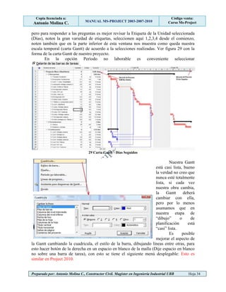 Copia licenciada a:
Antonio Molina C. MANUAL MS-PROJECT 2003-2007-2010
Código venta:
Curso Ms-Project
Preparado por: Antonio Molina C., Constructor Civil. Magister en Ingeniería Industrial UBB Hoja 34
pero para responder a las preguntas es mejor revisar la Etiqueta de la Unidad seleccionada
(Días), noten la gran variedad de etiquetas, seleccionen aquí 1,2,3,4 desde el comienzo,
noten también que en la parte inferior de esta ventana nos muestra como queda nuestra
escala temporal (carta Gantt) de acuerdo a la selecciones realizadas. Ver figura 29 con la
forma de la carta Gantt de nuestro proyecto.
En la opción Período no laborable es conveniente seleccionar
.
29 Carta Gantt - Días Seguidos
Nuestra Gantt
está casi lista, bueno
la verdad no creo que
nunca esté totalmente
lista, si cada vez
nuestra obra cambia,
la Gantt deberá
cambiar con ella,
pero por lo menos
asumamos que en
nuestra etapa de
“dibujo” o de
planificación está
“casi” lista.
Es posible
mejorar el aspecto de
la Gantt cambiando la cuadricula, el estilo de la barra, dibujando líneas entre otras, para
esto hacer botón de la derecha en un espacio en blanco de la malla (Dije espacio en blanco
no sobre una barra de tarea), con esto se tiene el siguiente menú desplegable: Esto es
similar en Project 2010.
 