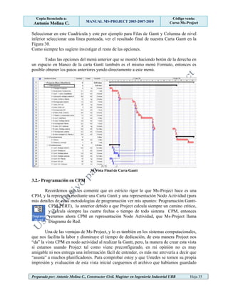 Copia licenciada a:
Antonio Molina C. MANUAL MS-PROJECT 2003-2007-2010
Código venta:
Curso Ms-Project
Preparado por: Antonio Molina C., Constructor Civil. Magister en Ingeniería Industrial UBB Hoja 35
Seleccionar en este Cuadricula y este por ejemplo para Filas de Gantt y Columna de nivel
inferior seleccionar una línea punteada, ver el resultado final de nuestra Carta Gantt en la
Figura 30.
Como siempre les sugiero investigar el resto de las opciones.
Todas las opciones del menú anterior que se mostró haciendo botón de la derecha en
un espacio en blanco de la carta Gantt también es el mismo menú Formato, entonces es
posible obtener los pasos anteriores yendo directamente a este menú.
30 Vista Final de Carta Gantt
3.2.- Programación en CPM
Recordemos que les comenté que en estricto rigor lo que Ms-Project hace es una
CPM, y la representa mediante una Carta Gantt y una representación Nodo Actividad (para
más detalles de estas metodologías de programación ver mis apuntes: Programación Gantt-
CPM-PERT), lo anterior debido a que Project calcula siempre un camino crítico,
y calcula siempre las cuatro fechas o tiempo de todo sistema CPM, entonces
veremos ahora CPM en representación Nodo Actividad, que Ms-Project llama
Diagrama de Red.
Una de las ventajas de Ms-Project, y lo es también en los sistemas computacionales,
que nos facilita la labor y disminuye el tiempo de dedicación, de esta manera Project nos
“da” la vista CPM en nodo actividad al realizar la Gantt, pero, la manera de crear esta vista
si estamos usando Project tal como viene preconfigurado, en mi opinión no es muy
amigable ni nos entrega una información fácil de entender, es más me atrevería a decir que
“asusta” a muchos planificadores. Para comprobar estoy y que Ustedes se tomen su propia
impresión y evaluación de esta vista inicial carguemos el archivo que habíamos guardado
 