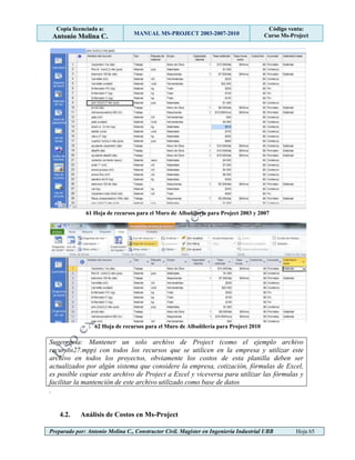 Copia licenciada a:
Antonio Molina C. MANUAL MS-PROJECT 2003-2007-2010
Código venta:
Curso Ms-Project
Preparado por: Antonio Molina C., Constructor Civil. Magister en Ingeniería Industrial UBB Hoja 65
61 Hoja de recursos para el Muro de Albañilería para Project 2003 y 2007
62 Hoja de recursos para el Muro de Albañilería para Project 2010
Sugerencia: Mantener un solo archivo de Project (como el ejemplo archivo
recursos27.mpp) con todos los recursos que se utilicen en la empresa y utilizar este
archivo en todos los proyectos, obviamente los costos de esta planilla deben ser
actualizados por algún sistema que considere la empresa, cotización, fórmulas de Excel,
es posible copiar este archivo de Project a Excel y viceversa para utilizar las fórmulas y
facilitar la mantención de este archivo utilizado como base de datos
.
4.2. Análisis de Costos en Ms-Project
 