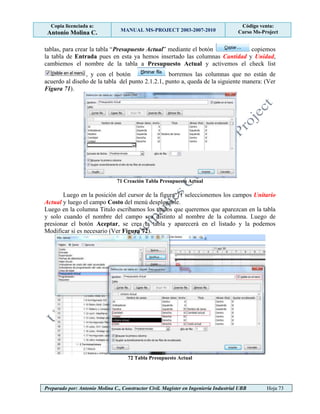 Copia licenciada a:
Antonio Molina C. MANUAL MS-PROJECT 2003-2007-2010
Código venta:
Curso Ms-Project
Preparado por: Antonio Molina C., Constructor Civil. Magister en Ingeniería Industrial UBB Hoja 73
tablas, para crear la tabla “Presupuesto Actual” mediante el botón copiemos
la tabla de Entrada pues en esta ya hemos insertado las columnas Cantidad y Unidad,
cambiemos el nombre de la tabla a Presupuesto Actual y activemos el check list
, y con el botón borremos las columnas que no están de
acuerdo al diseño de la tabla del punto 2.1.2.1, punto a, queda de la siguiente manera: (Ver
Figura 71).
71 Creación Tabla Presupuesto Actual
Luego en la posición del cursor de la figura 71 seleccionemos los campos Unitario
Actual y luego el campo Costo del menú desplegable.
Luego en la columna Titulo escribamos los títulos que queremos que aparezcan en la tabla
y solo cuando el nombre del campo sea distinto al nombre de la columna. Luego de
presionar el botón Aceptar, se crea la tabla y aparecerá en el listado y la podemos
Modificar si es necesario (Ver Figura 72).
72 Tabla Presupuesto Actual
 