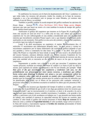 Copia licenciada a:
Antonio Molina C. MANUAL MS-PROJECT 2003-2007-2010
Código venta:
Curso Ms-Project
Preparado por: Antonio Molina C., Constructor Civil. Magister en Ingeniería Industrial UBB Hoja 88
Si cambiamos los recursos con la barra de desplazamiento del Área 1, podemos ver
que están todos los recursos del proyecto, (todos los creados en la hoja de recursos,
asignados o no a las actividades), esto es porque no están filtrados, ya veremos más
adelante el uso de filtros y su utilidad.
También es posible cambiar la escala temporal del gráfico mediante las opciones de
Zoom Alejar – Acercar , (Para Ms-Project 2010 Menú Vista opción Zoom),
opciones que más que hacer un zoom a la vista cambian la escala de tiempo del gráfico
desde minutos hasta semestres.
Analicemos el gráfico del carpintero que tenemos en la Figura 90, el gráfico en si
tiene una sección en azul (en nivel 1) y sobre este en rojo, esto indica que el recurso
carpintero de 1ra esta sobreasignado en una unidad, considerando para esto la capacidad
máxima que inicialmente considera Project igual a uno y que dejamos tal cual para poder
analizarlas en este momento. Este gráfico es una curva de contrato y despido del carpintero,
en estricto rigor nos indica lo siguiente:
Lunes 9 de abril necesitamos un carpintero, el martes 10 necesitamos dos, el
miércoles 11 necesitamos uno (deberíamos despedir uno), los días jueves y viernes no
necesitamos carpinteros por lo tantos deberíamos (de acuerdo al gráfico) despedir el que
nos quedaba y volver a contratarlo los días lunes 16 y martes 17 de abril. Esto que nos
indica Ms-Project es imposible de hacer desde el punto de vista social o de planificación
del recurso humano, entonces debemos decidir con cuantos recursos Carpintero de 1ra
contaremos en nuestra obra, de acuerdo al gráfico la cantidad máxima de recursos son dos,
pero esta cantidad solo es necesaria un día del total de nueve en los que se requieren
carpinteros.
Seguramente si ustedes van a decirle a su jefe que necesitan 2 carpinteros para
vuestro proyecto, recibirán un rotundo NO, buen la verdad si yo fuera el jefe les diría lo
mismo, pero esperaría de ustedes una respuesta a este No tan rotundo, por ejemplo: “Está
bien pero el día que necesitamos dos carpinteros y tendremos solo uno, ese día
probablemente nos atrasaremos por tener menos recursos, o tendremos que utilizar
horas extras para disminuir o eliminar este atraso y eso por consiguiente subirá los
costos, entonces señor Jefe, está de acuerdo en asumir esta responsabilidad?”, bueno
pueden usar los lenguajes que ustedes quieran pero la verdad es que trato de indicarles que
un planificador debe poder ver el futuro en los proyectos ante cualquier variación y
proyectar soluciones, y los distintos escenarios al analizar los datos que nos presenta el Ms-
Project.
Para todos los recursos que dependen del tiempo el análisis es similar, ¿pero cómo
se procede ante la posibilidad de que el jefe si nos diga que podemos tener los recursos que
hemos solicitado?, que no necesariamente es el máximo, es decir si de acuerdo a la curva
ocupacional (para cualquier recurso variable) necesitamos 4 unidades, y de acuerdo a los
análisis y peticiones con el jefe acordamos en trabajar con 3, que presenta una buena media
de trabajo, esta cantidad es entonces la capacidad máxima del recurso en cuestión, para
cambiar el valor desde el gráfico del recurso presionar el botón Hoja de recursos de la
barra de vistas y cambiar la Capacidad máxima al valor acordado, luego volver el cursor a
la línea del recurso y nuevamente regresar al Gráfico de recursos presionando el botón
correspondiente en la barra de vistas.
 