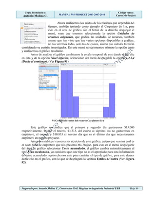 Copia licenciada a:
Antonio Molina C. MANUAL MS-PROJECT 2003-2007-2010
Código venta:
Curso Ms-Project
Preparado por: Antonio Molina C., Constructor Civil. Magister en Ingeniería Industrial UBB Hoja 89
Ahora analicemos los costos de los recursos que dependen del
tiempo, también teniendo como ejemplo al Carpintero de 1ra, para
esto en el área de gráfico con el botón de la derecha desplegar el
menú, vean que tenemos seleccionada la opción Unidades de
recursos asignadas, que gráfica las unidades de recursos, también
asumo que han visto que hay varias opciones disponibles a graficar,
no las veremos todas, solo las de costos, asumo que ustedes lo harán
considerado su espíritu investigador. De este menú seleccionemos primero la opción costo
y analicemos el gráfico resultante.
Antes de analizar el gráfico cambiemos la escala temporal de este dando doble clic
en esta y de la opción Nivel inferior, seleccionar del menú desplegable la opción 1,2,3,4
(Desde el comienzo). (Ver Figura 91)
91 Gráfico de costos del recurso Carpintero 1ra
Este gráfico nos indica que el primero y segundo día gastaremos $15.000
respectivamente, $6.667 el tercero, $3.333, del cuarto al séptimo día no gastaremos en
carpintero, el octavo, y $10.833 el noveno día que es el último día que necesitaremos
carpintero en nuestro proyecto.
Antes de establecer comentarios o juicios de este gráfico, quiero que veamos cual es
el costo total de carpintero que nos presenta Ms-Project, para esto en el menú desplegable
del área de gráfico seleccionar Costo acumulado, el gráfico cambia automáticamente al
tipo Área escalonada, yo considero que este tipo no es el apropiado para esta información
de costo acumulado, aprovechemos esto para cambiar el tipo de gráfico, para esto demos
doble clic en el grafico, con lo que se desplegará la ventana Estilos de barra (Ver Figura
92)
 