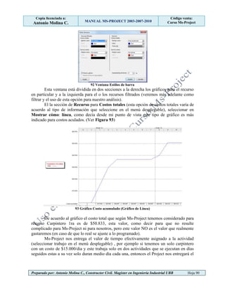 Copia licenciada a:
Antonio Molina C. MANUAL MS-PROJECT 2003-2007-2010
Código venta:
Curso Ms-Project
Preparado por: Antonio Molina C., Constructor Civil. Magister en Ingeniería Industrial UBB Hoja 90
92 Ventana Estilos de barra
Esta ventana está dividida en dos secciones a la derecha los gráficos para el recurso
en particular y a la izquierda para el o los recursos filtrados (veremos más adelante como
filtrar y el uso de esta opción para nuestro análisis).
El la sección de Recurso para Costos totales (esta opción de costos totales varía de
acuerdo al tipo de información que seleccione en el menú desplegable), seleccionar en
Mostrar cómo: línea, como decía desde mi punto de vista este tipo de gráfico es más
indicado para costos aculados. (Ver Figura 93)
93 Gráfico Costo acumulado (Gráfico de Línea)
De acuerdo al gráfico el costo total que según Ms-Project tenemos considerado para
recurso Carpintero 1ra es de $50.833, esta valor, como decir para que no resulte
complicado para Ms-Project ni para nosotros, pero este valor NO es el valor que realmente
gastaremos (en caso de que lo real se ajuste a lo programado).
Ms-Project nos entrega el valor de tiempo efectivamente asignado a la actividad
(seleccionar trabajo en el menú desplegable) , por ejemplo si tenemos un solo carpintero
con un costo de $15.000/día y este trabaja solo en dos actividades que se ejecutan en días
seguidos estas a su vez solo duran medio día cada una, entonces el Project nos entregará el
 