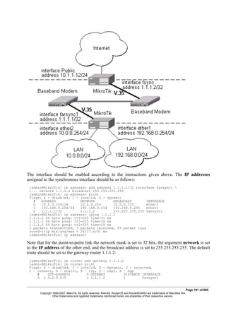 The interface should be enabled according to the instructions given above. The IP addresses
assigned to the synchronous interface should be as follows:
[admin@MikroTik] ip address> add address 1.1.1.1/32 interface farsync1 
... network 1.1.1.2 broadcast 255.255.255.255
[admin@MikroTik] ip address> print
Flags: X - disabled, I - invalid, D - dynamic
# ADDRESS NETWORK BROADCAST INTERFACE
0 10.0.0.254/24 10.0.0.254 10.0.0.255 ether2
1 192.168.0.254/24 192.168.0.254 192.168.0.255 ether1
2 1.1.1.1/32 1.1.1.2 255.255.255.255 farsync1
[admin@MikroTik] ip address> /ping 1.1.1.2
1.1.1.2 64 byte pong: ttl=255 time=31 ms
1.1.1.2 64 byte pong: ttl=255 time=26 ms
1.1.1.2 64 byte pong: ttl=255 time=26 ms
3 packets transmitted, 3 packets received, 0% packet loss
round-trip min/avg/max = 26/27.6/31 ms
[admin@MikroTik] ip address>
Note that for the point-to-point link the network mask is set to 32 bits, the argument network is set
to the IP address of the other end, and the broadcast address is set to 255.255.255.255. The default
route should be set to the gateway router 1.1.1.2:
[admin@MikroTik] ip route> add gateway 1.1.1.2
[admin@MikroTik] ip route> print
Flags: X - disabled, I - invalid, D - dynamic, J - rejected,
C - connect, S - static, R - rip, O - ospf, B - bgp
# DST-ADDRESS G GATEWAY DISTANCE INTERFACE
0 S 0.0.0.0/0 r 1.1.1.2 1 farsync1
Page 191 of 695
Copyright 1999-2007, MikroTik. All rights reserved. Mikrotik, RouterOS and RouterBOARD are trademarks of Mikrotikls SIA.
Other trademarks and registred trademarks mentioned herein are properties of their respective owners.
 