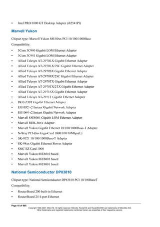 • Intel PRO/1000 GT Desktop Adapter (i82541PI)
Marvell Yukon
Chipset type: Marvell Yukon 88E80xx PCI 10/100/1000Base
Compatibility:
• 3Com 3C940 Gigabit LOM Ethernet Adapter
• 3Com 3C941 Gigabit LOM Ethernet Adapter
• Allied Telesyn AT-2970LX Gigabit Ethernet Adapter
• Allied Telesyn AT-2970LX/2SC Gigabit Ethernet Adapter
• Allied Telesyn AT-2970SX Gigabit Ethernet Adapter
• Allied Telesyn AT-2970SX/2SC Gigabit Ethernet Adapter
• Allied Telesyn AT-2970TX Gigabit Ethernet Adapter
• Allied Telesyn AT-2970TX/2TX Gigabit Ethernet Adapter
• Allied Telesyn AT-2971SX Gigabit Ethernet Adapter
• Allied Telesyn AT-2971T Gigabit Ethernet Adapter
• DGE-530T Gigabit Ethernet Adapter
• EG1032 v2 Instant Gigabit Network Adapter
• EG1064 v2 Instant Gigabit Network Adapter
• Marvell 88E8001 Gigabit LOM Ethernet Adapter
• Marvell RDK-80xx Adapter
• Marvell Yukon Gigabit Ethernet 10/100/1000Base-T Adapter
• N-Way PCI-Bus Giga-Card 1000/100/10Mbps(L)
• SK-9521 10/100/1000Base-T Adapter
• SK-98xx Gigabit Ethernet Server Adapter
• SMC EZ Card 1000
• Marvell Yukon 88E8010 based
• Marvell Yukon 88E8003 based
• Marvell Yukon 88E8001 based
National Semiconductor DP83810
Chipset type: National Semiconductor DP83810 PCI 10/100BaseT
Compatibility:
• RouterBoard 200 built-in Ethernet
• RouterBoard 24 4-port Ethernet
Page 10 of 695
Copyright 1999-2007, MikroTik. All rights reserved. Mikrotik, RouterOS and RouterBOARD are trademarks of Mikrotikls SIA.
Other trademarks and registred trademarks mentioned herein are properties of their respective owners.
 