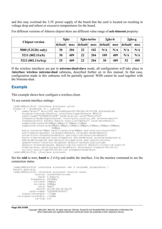 and this may overload the 3.3V power supply of the board that the card is located on resulting in
voltage drop and reboot or excessive temperatures for the board.
For different versions of Atheros chipset there are different value range of ack-timeout property:
Chipset version
5ghz 5ghz-turbo 2ghz-b 2ghz-g
default max default max default max default max
5000 (5.2GHz only) 30 204 22 102 N/A N/A N/A N/A
5211 (802.11a/b) 30 409 22 204 109 409 N/A N/A
5212 (802.11a/b/g) 25 409 22 204 30 409 52 409
If the wireless interfaces are put in nstreme-dual-slave mode, all configuration will take place in
/interface wireless nstreme-dual submenu, described further on in this manual. In that case,
configuration made in this submenu will be partially ignored. WDS cannot be used together with
the Nstreme-dual.
Example
This example shows how configure a wireless client.
To see current interface settings:
[admin@MikroTik] interface wireless> print
Flags: X - disabled, R - running
0 name="wlan1" mtu=1500 mac-address=00:0B:6B:34:54:FB arp=enabled
disable-running-check=no interface-type=Atheros AR5213
radio-name="000B6B3454FB" mode=station ssid="MikroTik"
frequency-mode=superchannel country=no_country_set antenna-gain=0
frequency=2412 band=2.4ghz-b scan-list=default rate-set=default
supported-rates-b=1Mbps,2Mbps,5.5Mbps,11Mbps
supported-rates-a/g=6Mbps,9Mbps,12Mbps,18Mbps,24Mbps,36Mbps,48Mbps,
54Mbps
basic-rates-b=1Mbps basic-rates-a/g=6Mbps max-station-count=2007
ack-timeout=dynamic tx-power=default tx-power-mode=default
noise-floor-threshold=default periodic-calibration=default
burst-time=disabled fast-frames=no dfs-mode=none antenna-mode=ant-a
wds-mode=disabled wds-default-bridge=none wds-ignore-ssid=no
update-stats-interval=disabled default-authentication=yes
default-forwarding=yes default-ap-tx-limit=0 default-client-tx-limit=0
hide-ssid=no security-profile=default disconnect-timeout=00:00:03
on-fail-retry-time=00:00:00.100 preamble-mode=both
[admin@MikroTik] interface wireless>
Set the ssid to mmt, band to 2.4-b/g and enable the interface. Use the monitor command to see the
connection status.
[admin@MikroTik] interface wireless> set 0 ssid=mmt disabled=no 
band=2.4ghz-b/g
[admin@MikroTik] interface wireless> monitor wlan1
status: connected-to-ess
band: 2.4ghz-g
frequency: 2432MHz
tx-rate: 36Mbps
rx-rate: 36Mbps
ssid: "mmt"
bssid: 00:0B:6B:34:5A:91
radio-name: "000B6B345A91"
signal-strength: -77dBm
tx-signal-strength: -76dBm
tx-ccq: 21%
Page 254 of 695
Copyright 1999-2007, MikroTik. All rights reserved. Mikrotik, RouterOS and RouterBOARD are trademarks of Mikrotikls SIA.
Other trademarks and registred trademarks mentioned herein are properties of their respective owners.
 