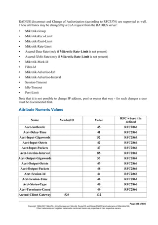 RADIUS disconnect and Change of Authorization (according to RFC3576) are supported as well.
These attributes may be changed by a CoA request from the RADIUS server:
• Mikrotik-Group
• Mikrotik-Recv-Limit
• Mikrotik-Xmit-Limit
• Mikrotik-Rate-Limit
• Ascend-Data-Rate (only if Mikrotik-Rate-Limit is not present)
• Ascend-XMit-Rate (only if Mikrotik-Rate-Limit is not present)
• Mikrotik-Mark-Id
• Filter-Id
• Mikrotik-Advertise-Url
• Mikrotik-Advertise-Interval
• Session-Timeout
• Idle-Timeout
• Port-Limit
Note that it is not possible to change IP address, pool or routes that way - for such changes a user
must be disconnected first.
Attribute Numeric Values
Name VendorID Value
RFC where it is
defined
Acct-Authentic 45 RFC2866
Acct-Delay-Time 41 RFC2866
Acct-Input-Gigawords 52 RFC2869
Acct-Input-Octets 42 RFC2866
Acct-Input-Packets 47 RFC2866
Acct-Interim-Interval 85 RFC2869
Acct-Output-Gigawords 53 RFC2869
Acct-Output-Octets 43 RFC2866
Acct-Output-Packets 48 RFC2866
Acct-Session-Id 44 RFC2866
Acct-Session-Time 46 RFC2866
Acct-Status-Type 40 RFC2866
Acct-Terminate-Cause 49 RFC2866
Ascend-Client-Gateway 529 132
Page 389 of 695
Copyright 1999-2007, MikroTik. All rights reserved. Mikrotik, RouterOS and RouterBOARD are trademarks of Mikrotikls SIA.
Other trademarks and registred trademarks mentioned herein are properties of their respective owners.
 
