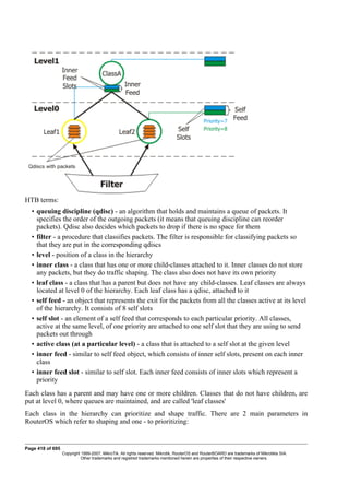 HTB terms:
• queuing discipline (qdisc) - an algorithm that holds and maintains a queue of packets. It
specifies the order of the outgoing packets (it means that queuing discipline can reorder
packets). Qdisc also decides which packets to drop if there is no space for them
• filter - a procedure that classifies packets. The filter is responsible for classifying packets so
that they are put in the corresponding qdiscs
• level - position of a class in the hierarchy
• inner class - a class that has one or more child-classes attached to it. Inner classes do not store
any packets, but they do traffic shaping. The class also does not have its own priority
• leaf class - a class that has a parent but does not have any child-classes. Leaf classes are always
located at level 0 of the hierarchy. Each leaf class has a qdisc, attached to it
• self feed - an object that represents the exit for the packets from all the classes active at its level
of the hierarchy. It consists of 8 self slots
• self slot - an element of a self feed that corresponds to each particular priority. All classes,
active at the same level, of one priority are attached to one self slot that they are using to send
packets out through
• active class (at a particular level) - a class that is attached to a self slot at the given level
• inner feed - similar to self feed object, which consists of inner self slots, present on each inner
class
• inner feed slot - similar to self slot. Each inner feed consists of inner slots which represent a
priority
Each class has a parent and may have one or more children. Classes that do not have children, are
put at level 0, where queues are maintained, and are called 'leaf classes'
Each class in the hierarchy can prioritize and shape traffic. There are 2 main parameters in
RouterOS which refer to shaping and one - to prioritizing:
Page 418 of 695
Copyright 1999-2007, MikroTik. All rights reserved. Mikrotik, RouterOS and RouterBOARD are trademarks of Mikrotikls SIA.
Other trademarks and registred trademarks mentioned herein are properties of their respective owners.
 
