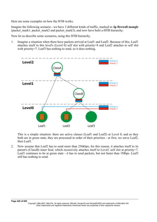 Here are some examples on how the HTB works.
Imagine the following scenario - we have 3 different kinds of traffic, marked in /ip firewall mangle
(packet_mark1, packet_mark2 and packet_mark3), and now have bulit a HTB hierarchy:
Now let us describe some scenarios, using this HTB hierarchy.
1. Imagine a situation when there have packets arrived at Leaf1 and Leaf2. Because of this, Leaf1
attaches itself to this level's (Level 0) self slot with priority=8 and Leaf2 attaches to self slot
with priority=7. Leaf3 has nothing to send, so it does nothing.
This is a simple situation: there are active classes (Leaf1 and Leaf2) at Level 0, and as they
both are in green state, they are processed in order of their priorities - at first, we serve Leaf2,
then Leaf1.
2. Now assume that Leaf2 has to send more than 256kbps, for this reason, it attaches itself to its
parent's (ClassB) inner feed, which recursively attaches itself to Level1 self slot at priority=7.
Leaf1 continues to be at green state - it has to send packets, but not faster than 1Mbps. Leaf3
still has nothing to send.
Page 420 of 695
Copyright 1999-2007, MikroTik. All rights reserved. Mikrotik, RouterOS and RouterBOARD are trademarks of Mikrotikls SIA.
Other trademarks and registred trademarks mentioned herein are properties of their respective owners.
 